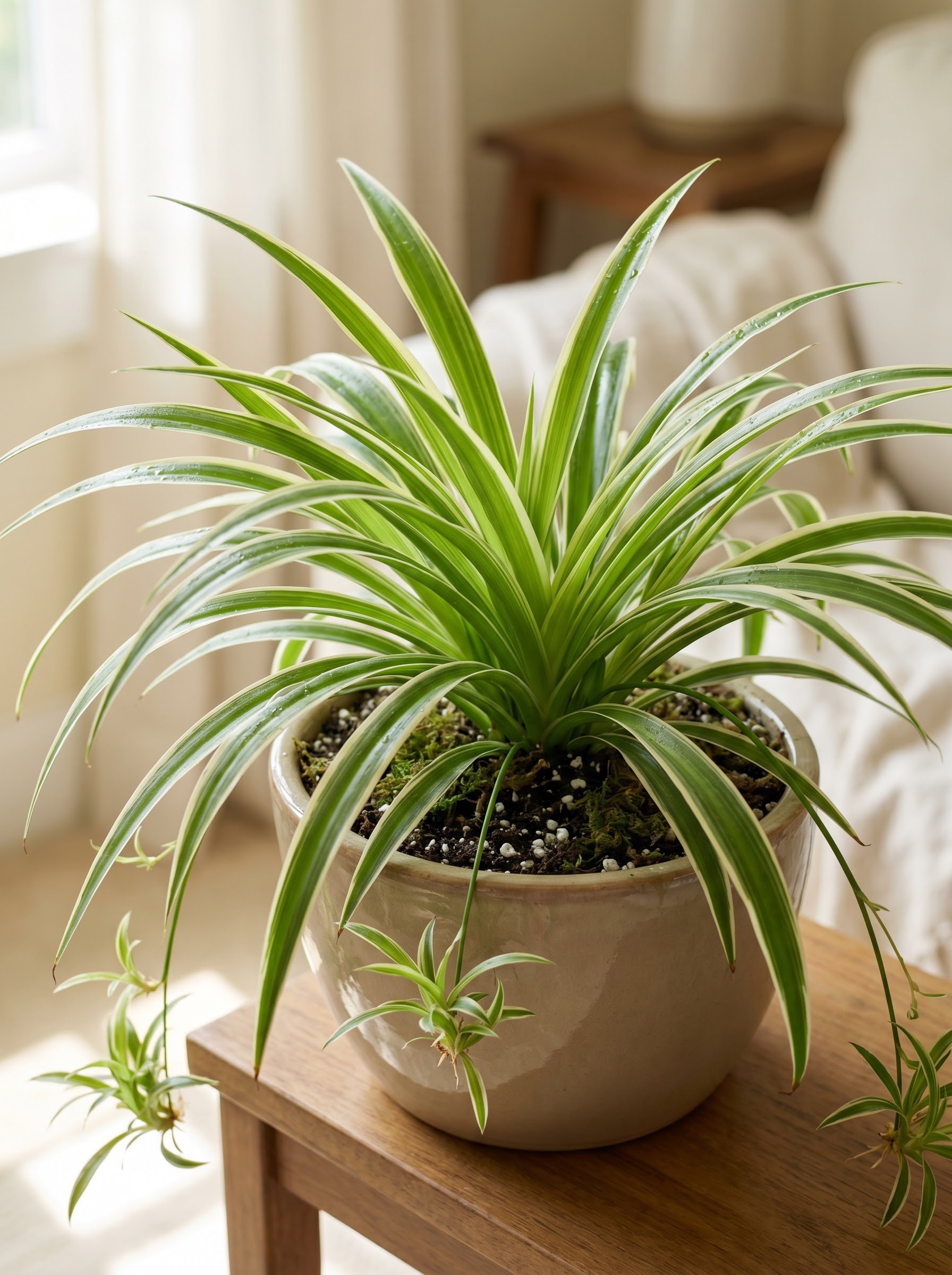 Variegated spider plant with arching green and white striped leaves and dangling baby plantlets