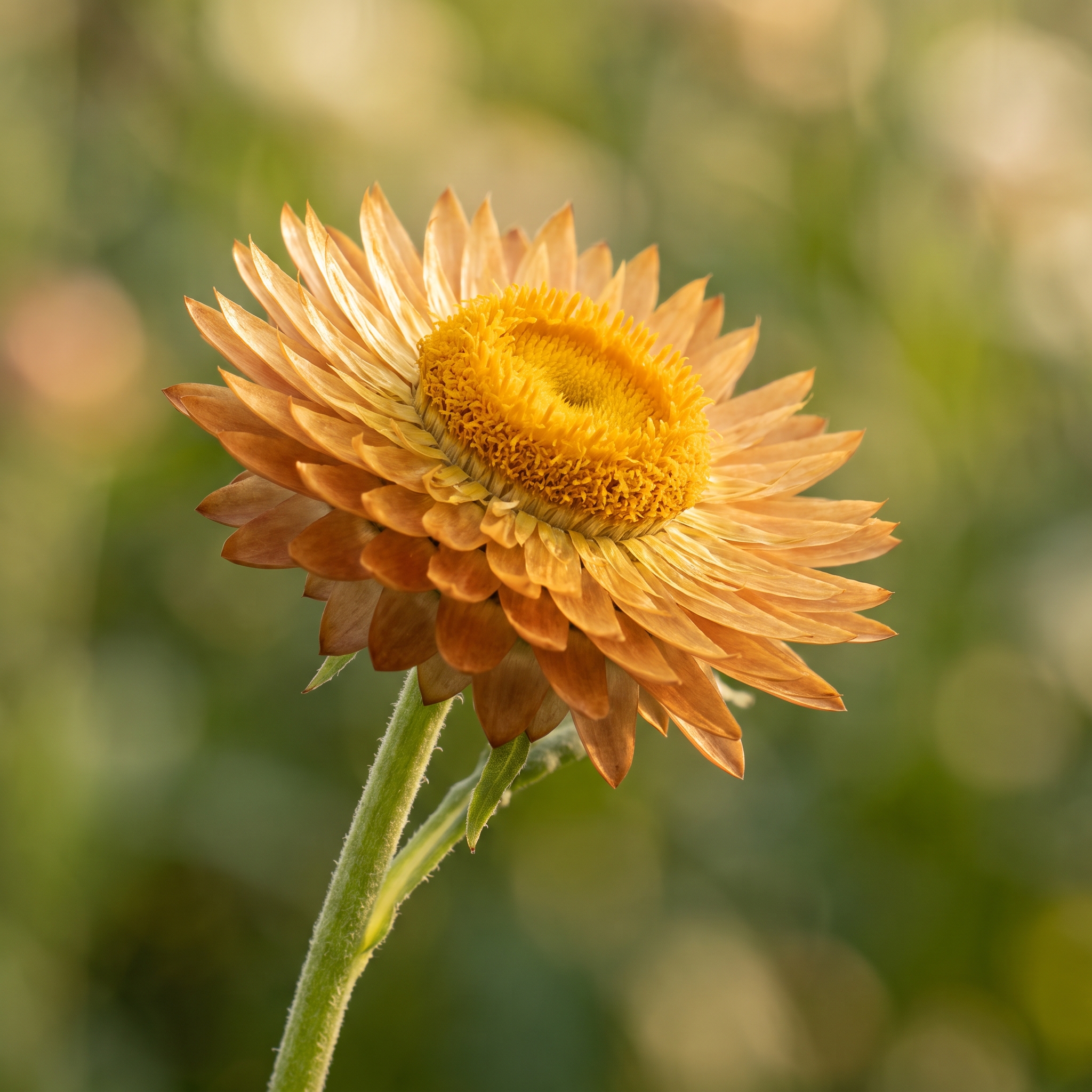 Golden strawflower bloom with papery straw-textured petals