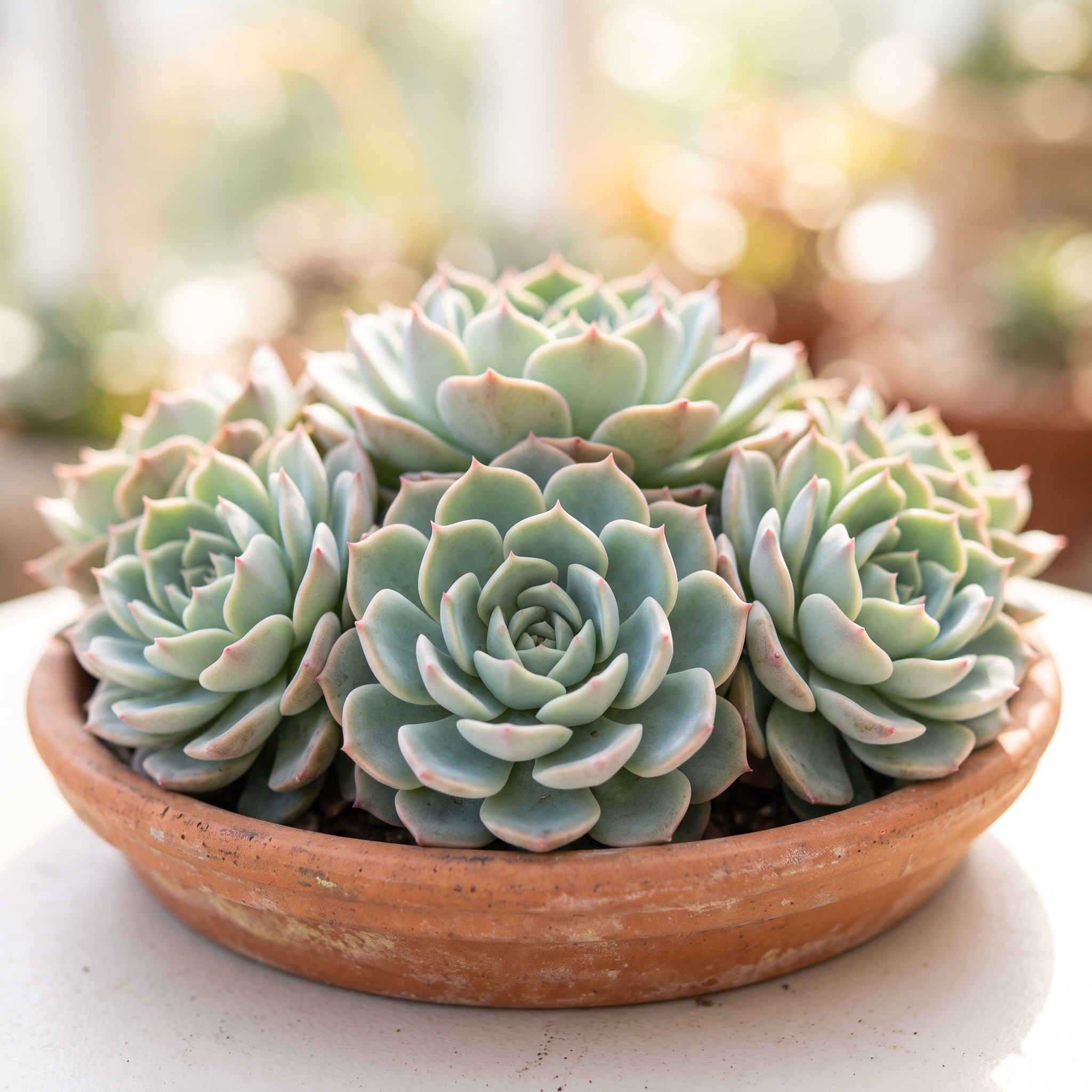 Cluster of Echeveria rosette succulents in a shallow terracotta dish