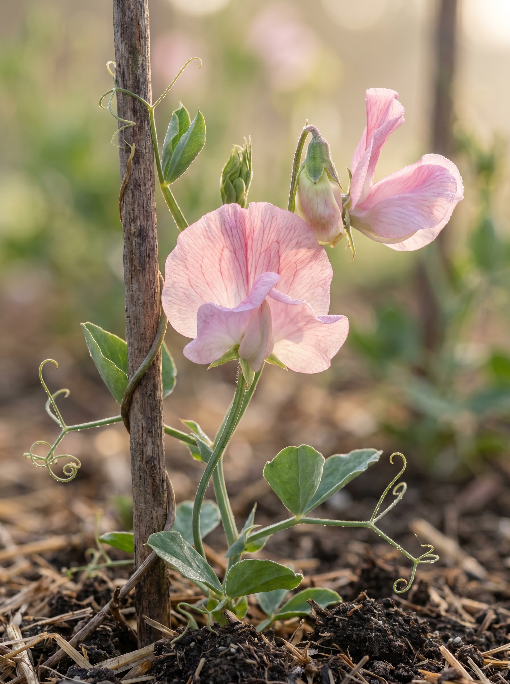Blush-pink ruffled sweet pea flowers with curling tendrils climbing a garden support.