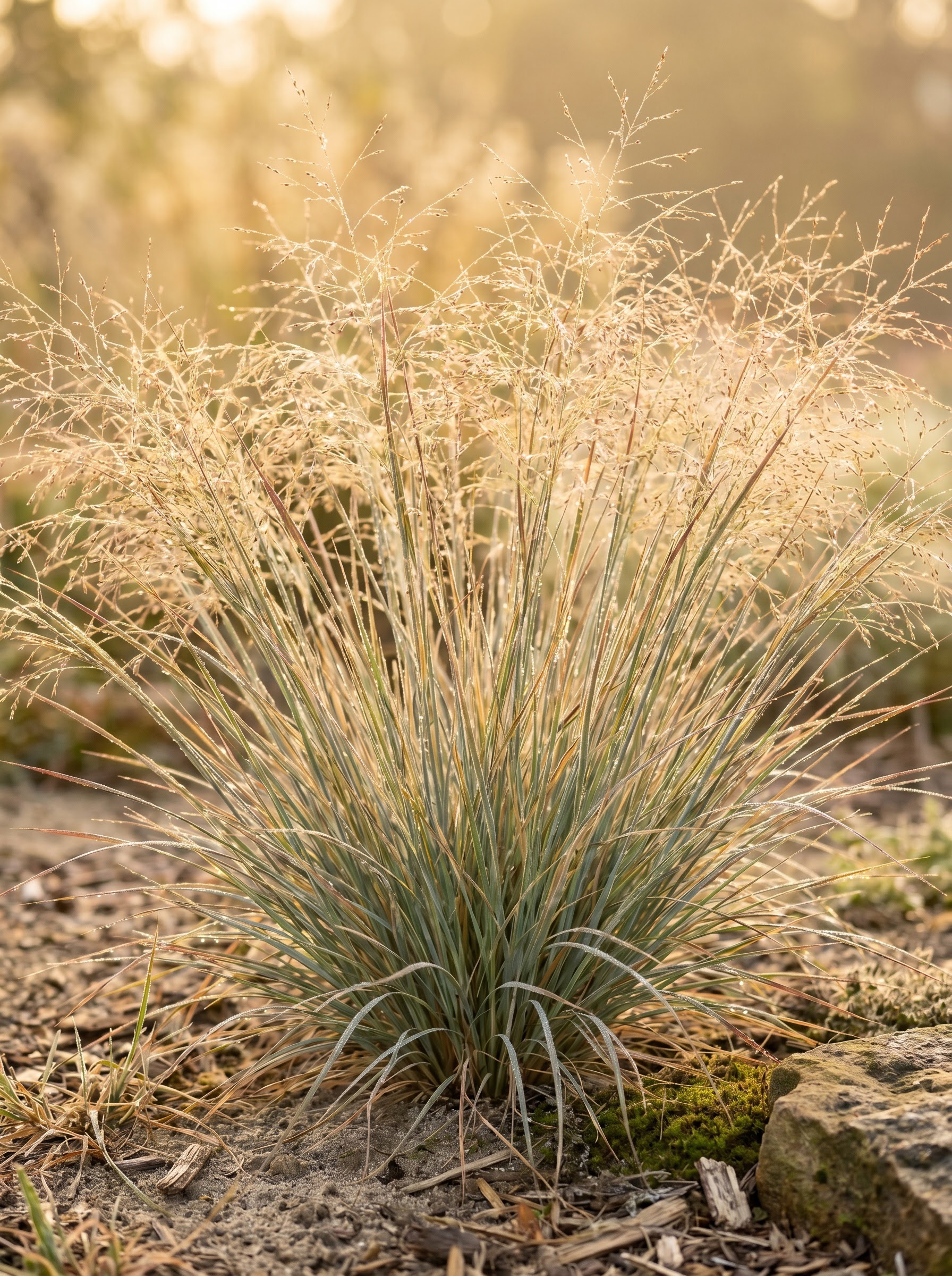 Golden switchgrass clump with airy seed panicles and fine blades glowing in backlit autumn sunlight