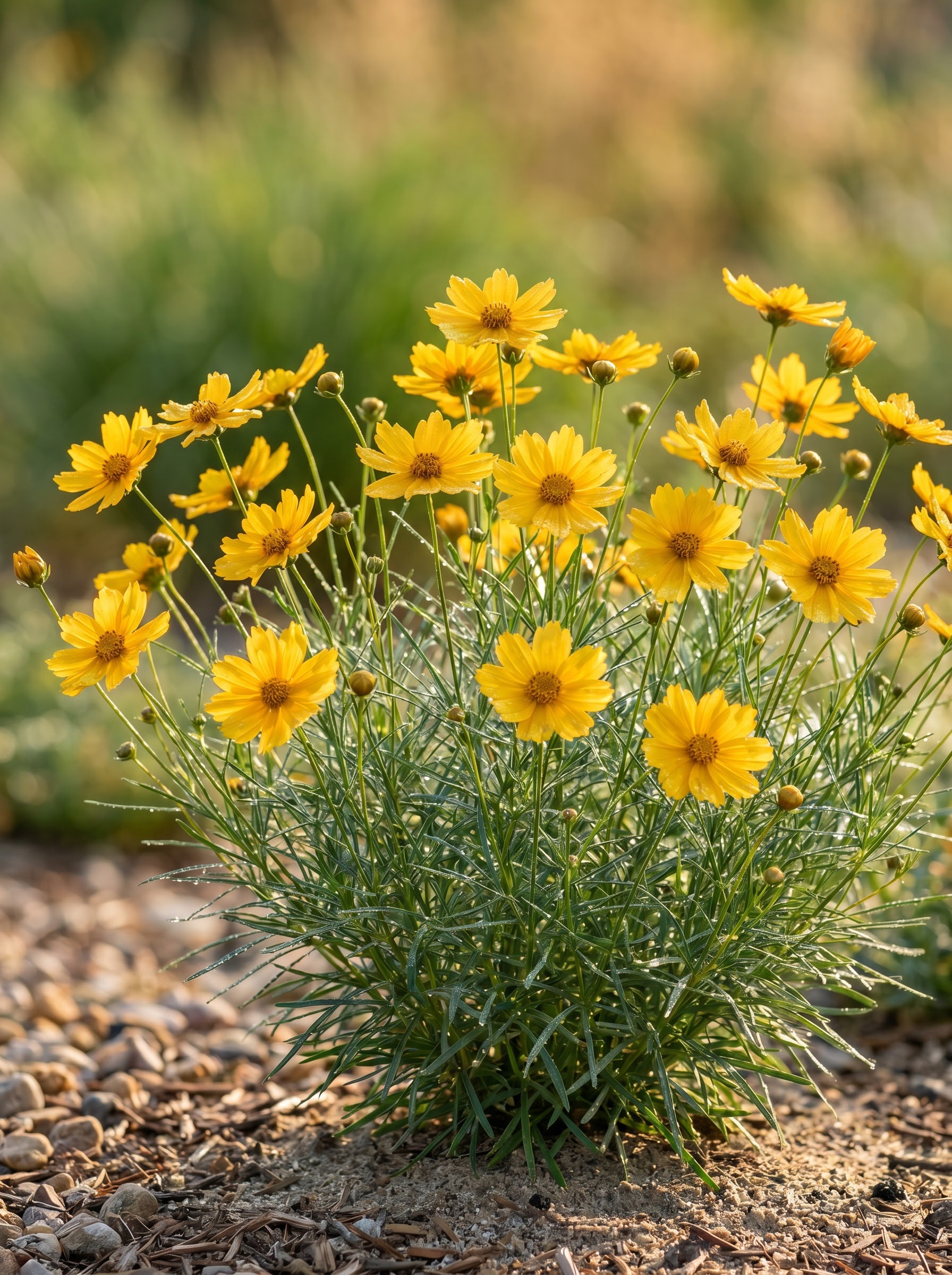 Threadleaf coreopsis with feathery foliage and bright yellow daisy-like summer flowers.