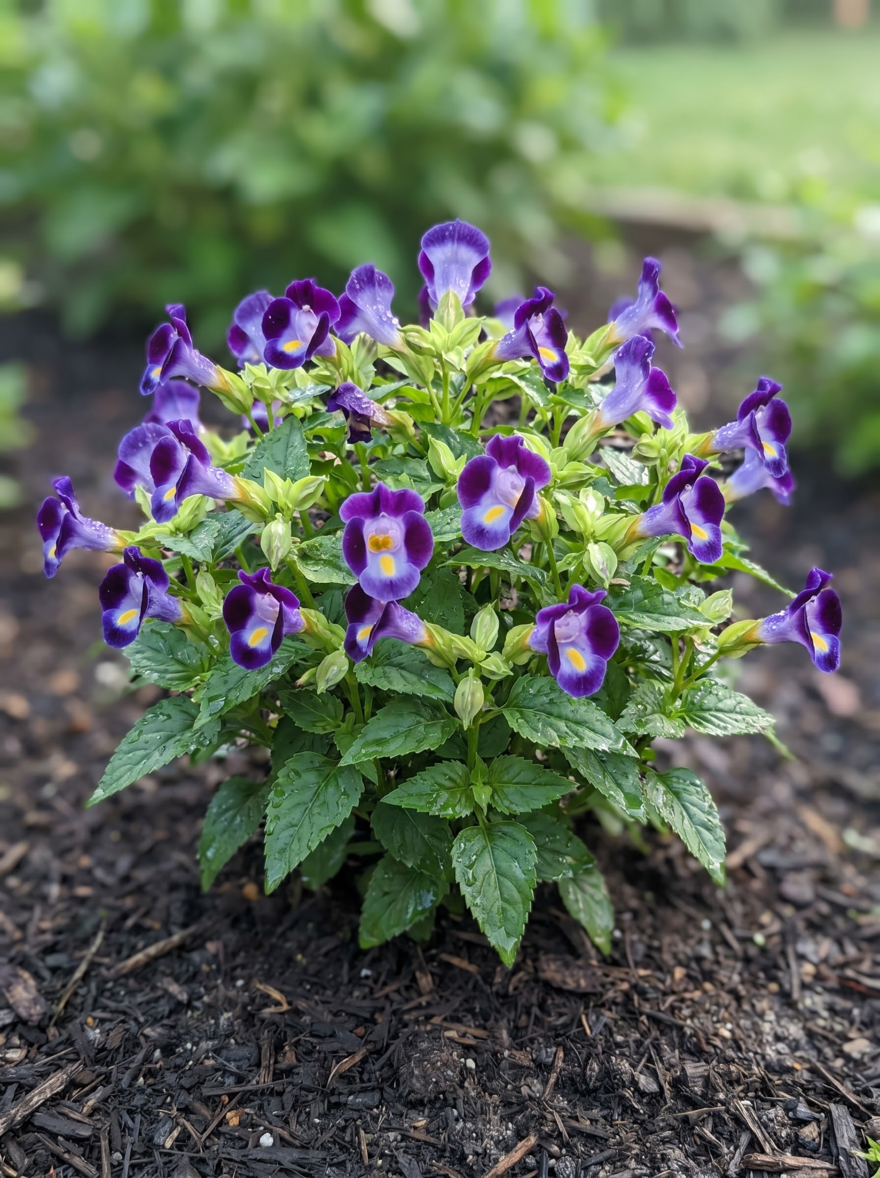 Purple and yellow wishbone flower torenia blooms with dew droplets on velvety snapdragon-shaped petals