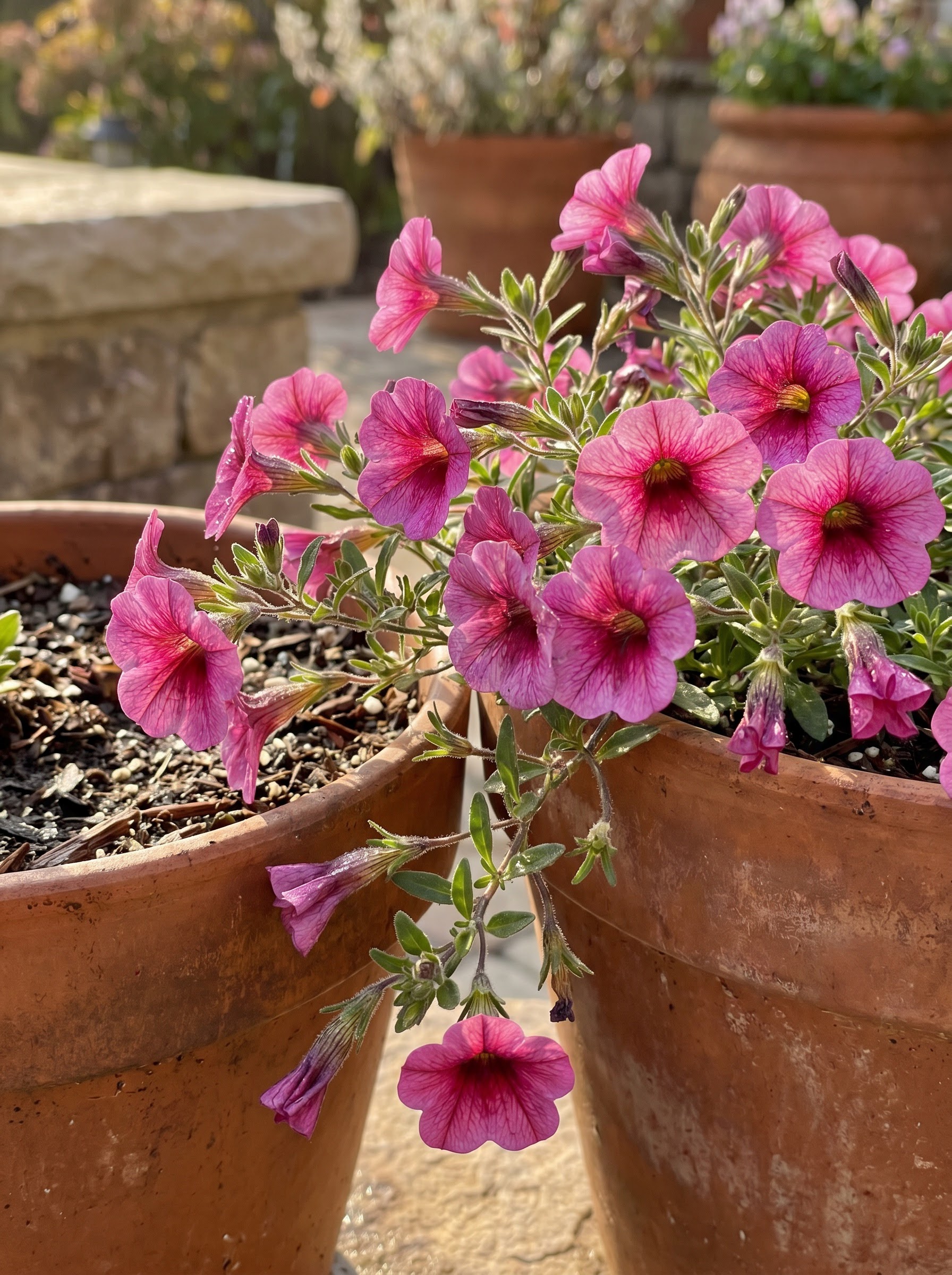 Magenta trailing calibrachoa flowers cascading from a container with dew on the petals.