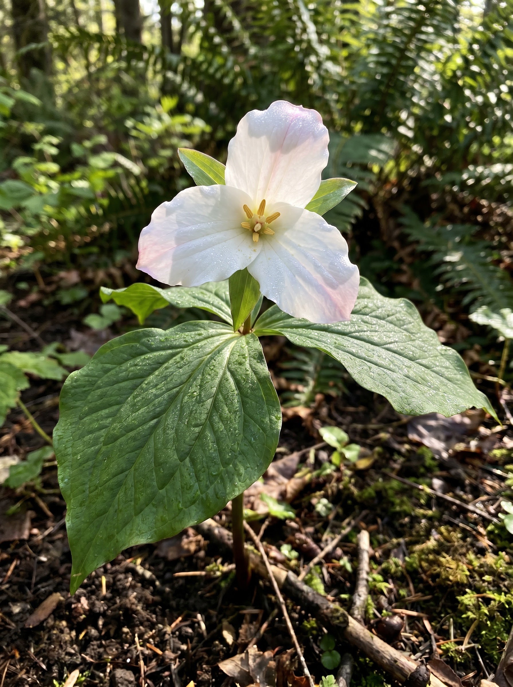 White three petaled Trillium grandiflorum flower with blush pink base over veined green leaf whorl