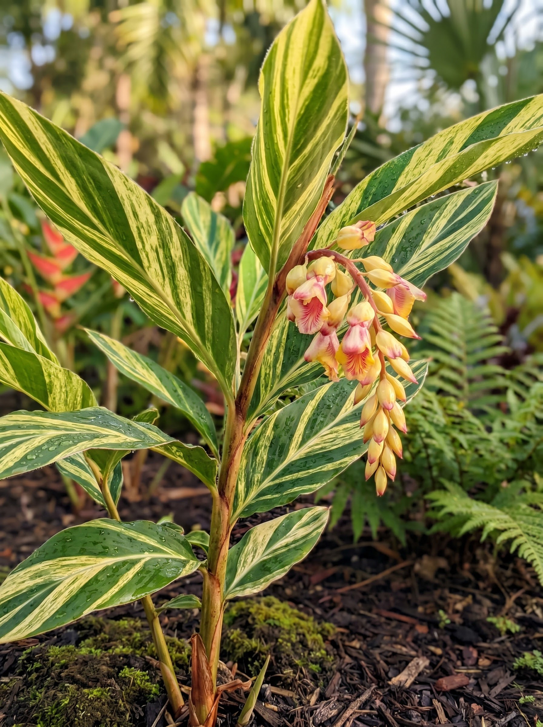 Variegated shell ginger with cream and green striped leaves and pendant pink-yellow flower clusters