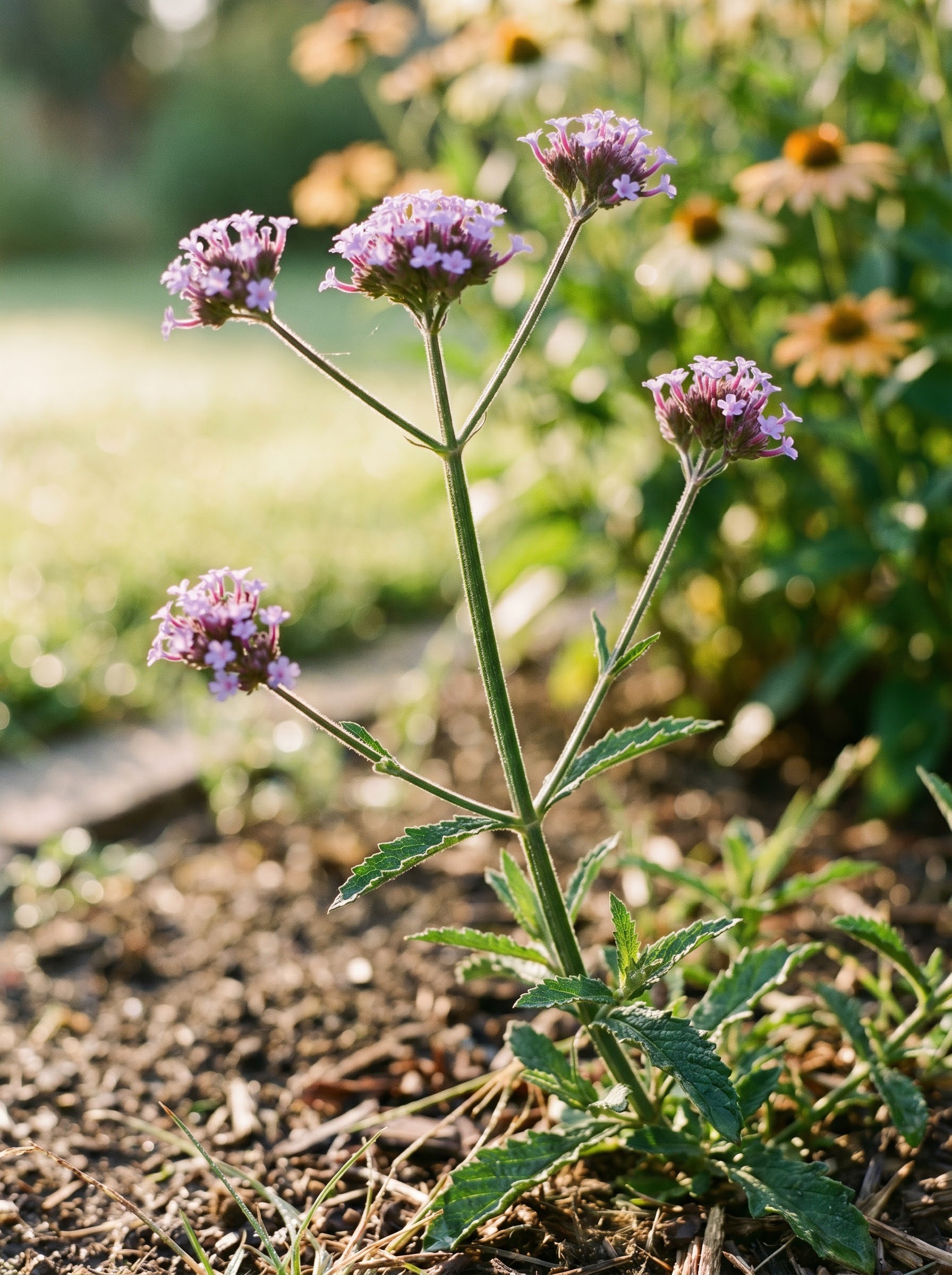 Purple verbena bonariensis flower clusters floating on tall wiry stems in garden