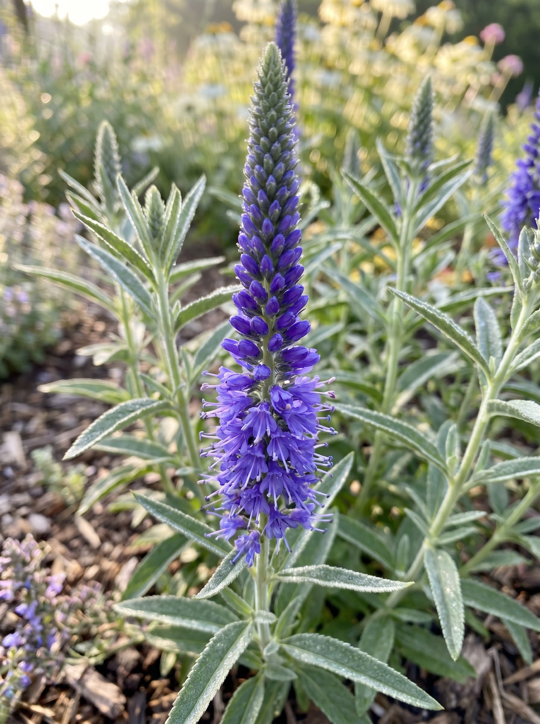 Veronica spike speedwell with dense violet-blue flower spikes above narrow grey-green foliage