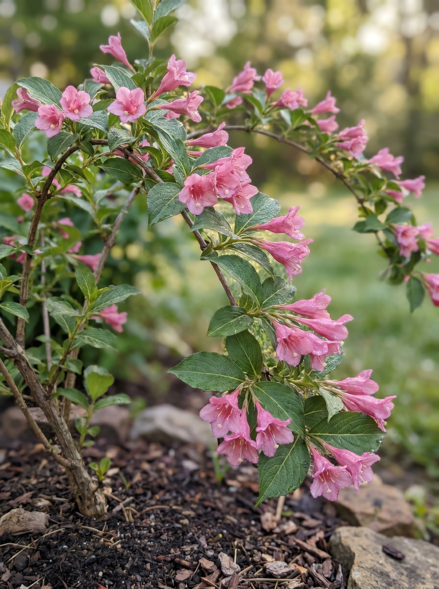 Weigela shrub with arching branches and pink trumpet-shaped flowers, dew on petals and leaves.