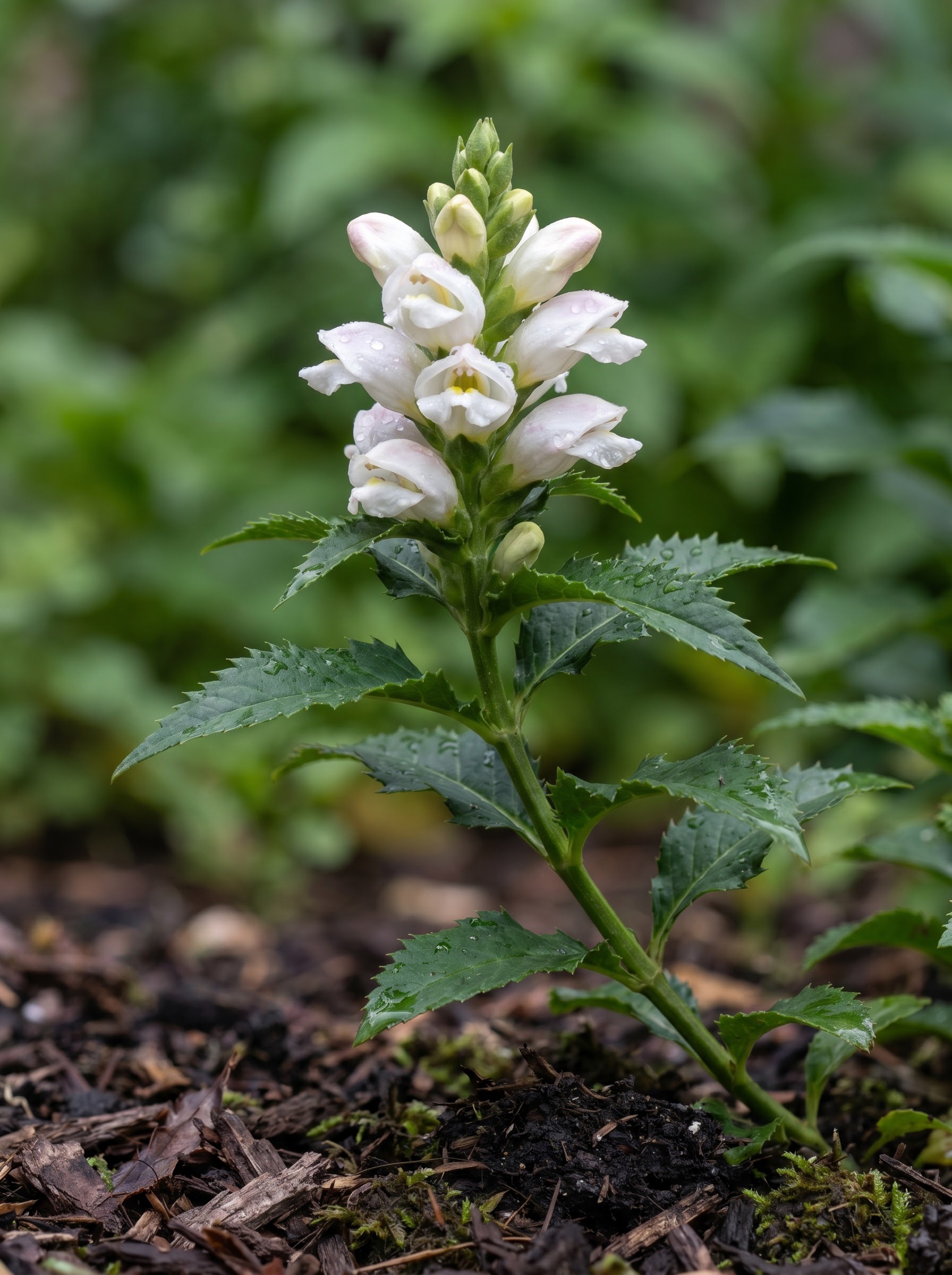 White turtlehead flower spike with hooded pink-tinged blooms and toothed green leaves
