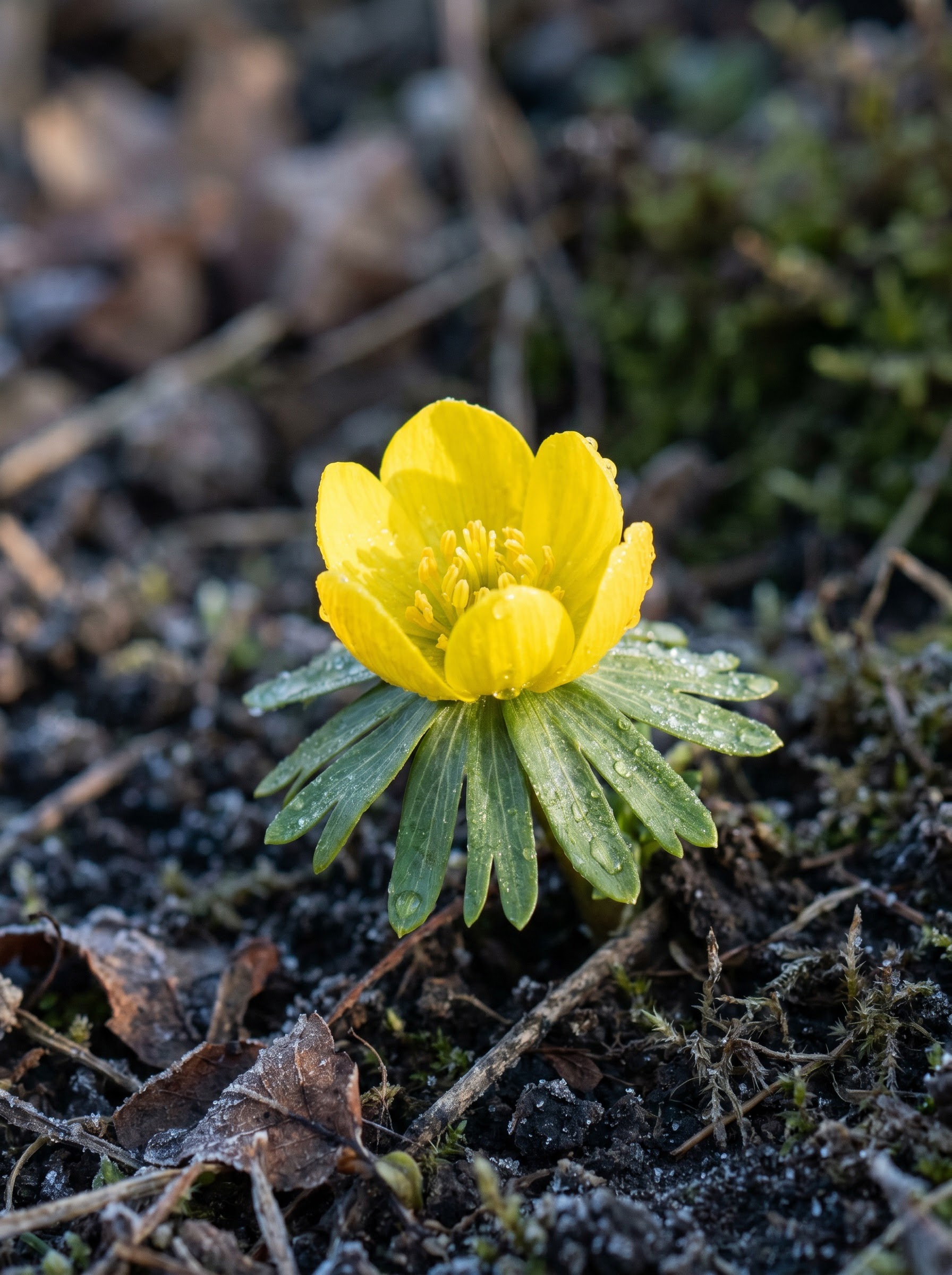 Bright yellow Eranthis hyemalis cup flower with green frilly ruff pushing through winter soil