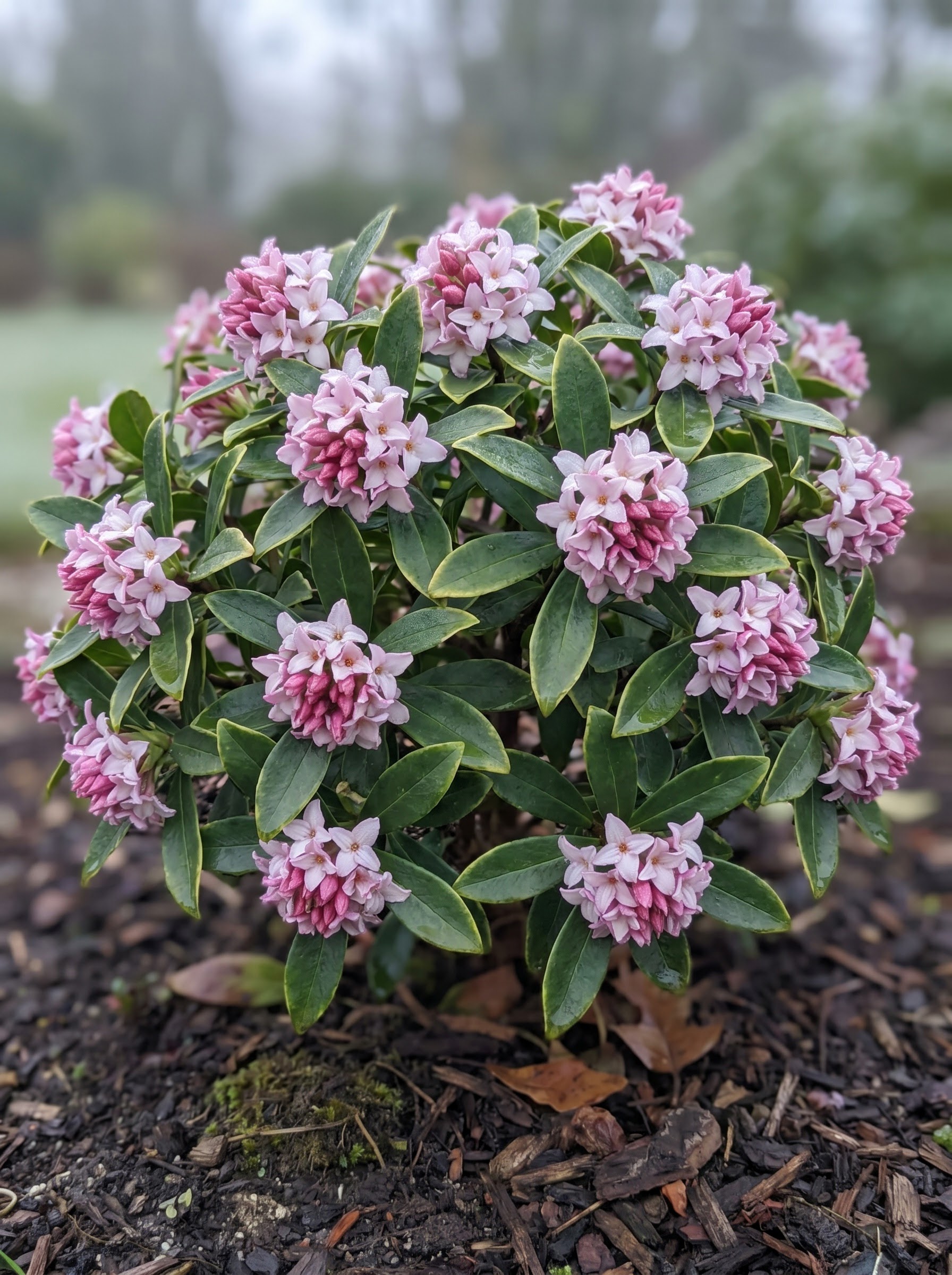 Winter daphne shrub with clustered pink and white star-shaped flowers on glossy evergreen leaves