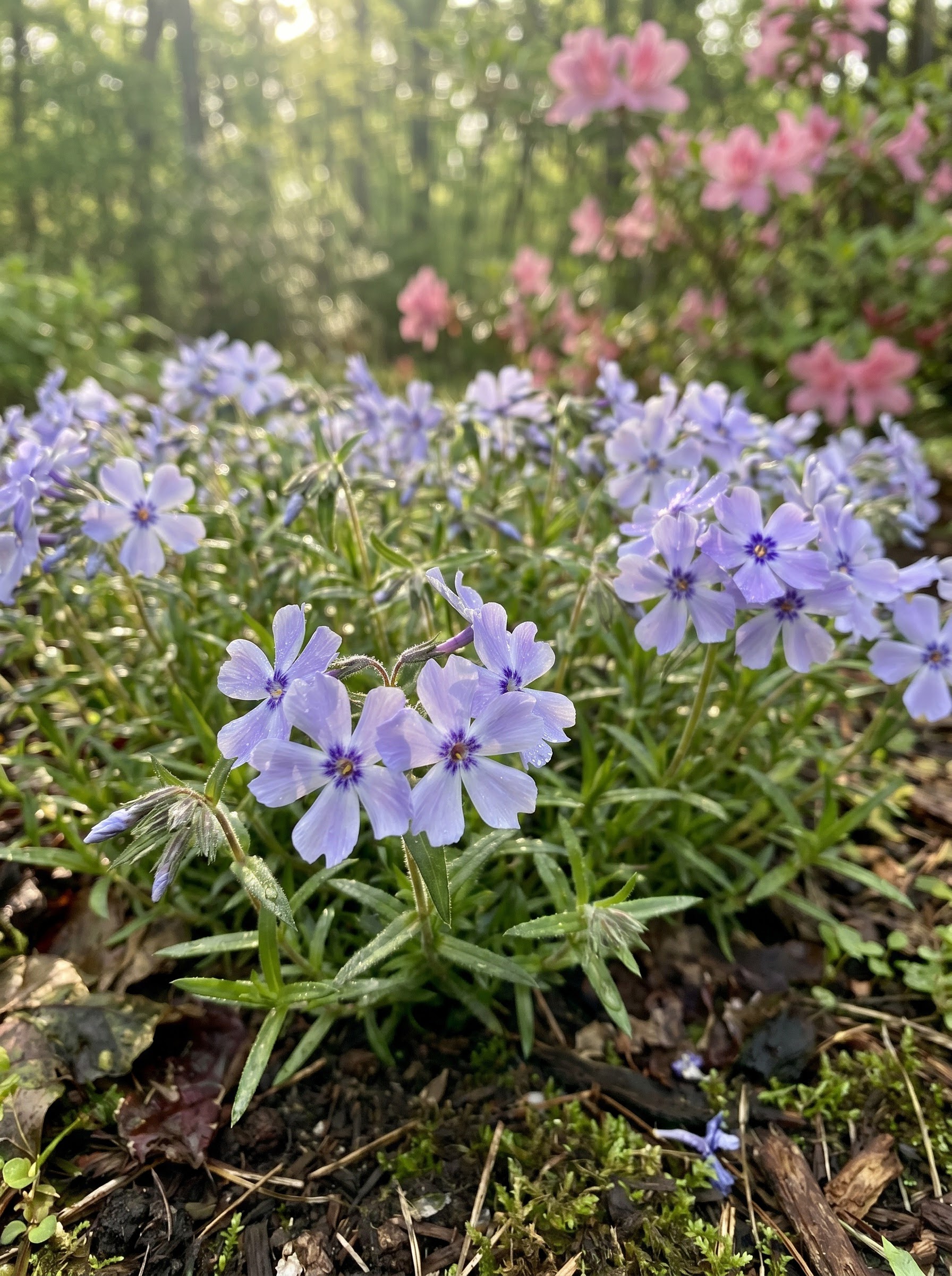 Woodland phlox with clusters of lavender-blue star-shaped flowers on a low spreading mat.