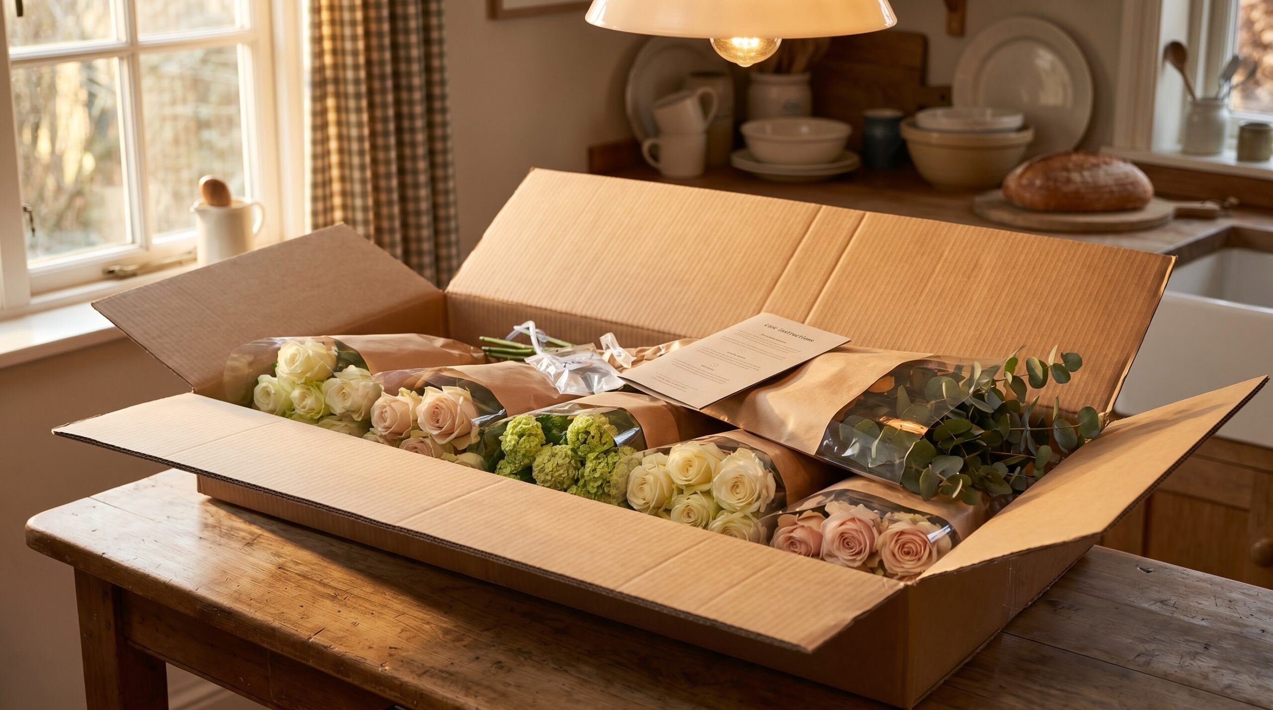 ** Opened bulk flower shipping box with sleeved roses, hydrangeas and hydration packs