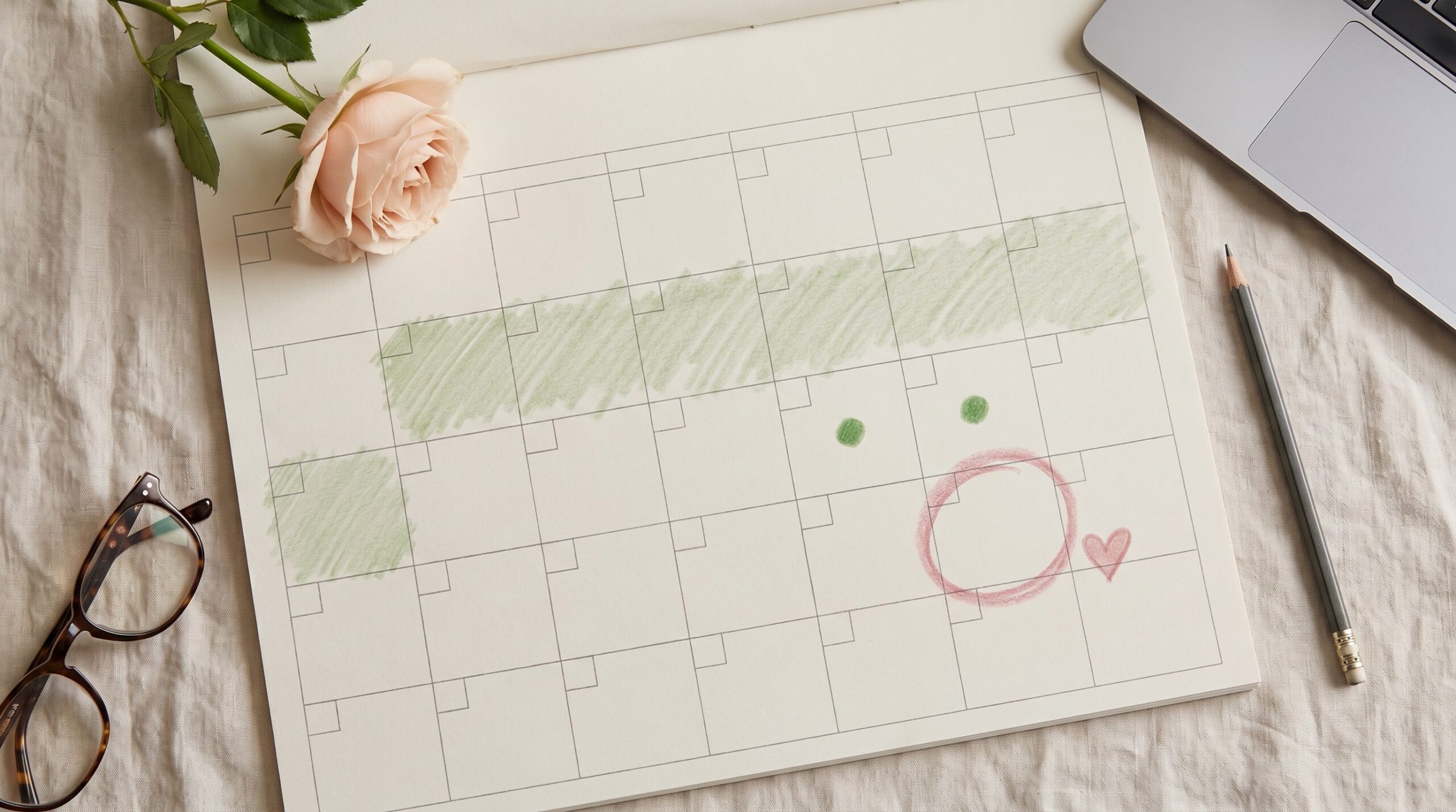 ** Calendar with wedding date circled and flower ordering window shaded weeks earlier