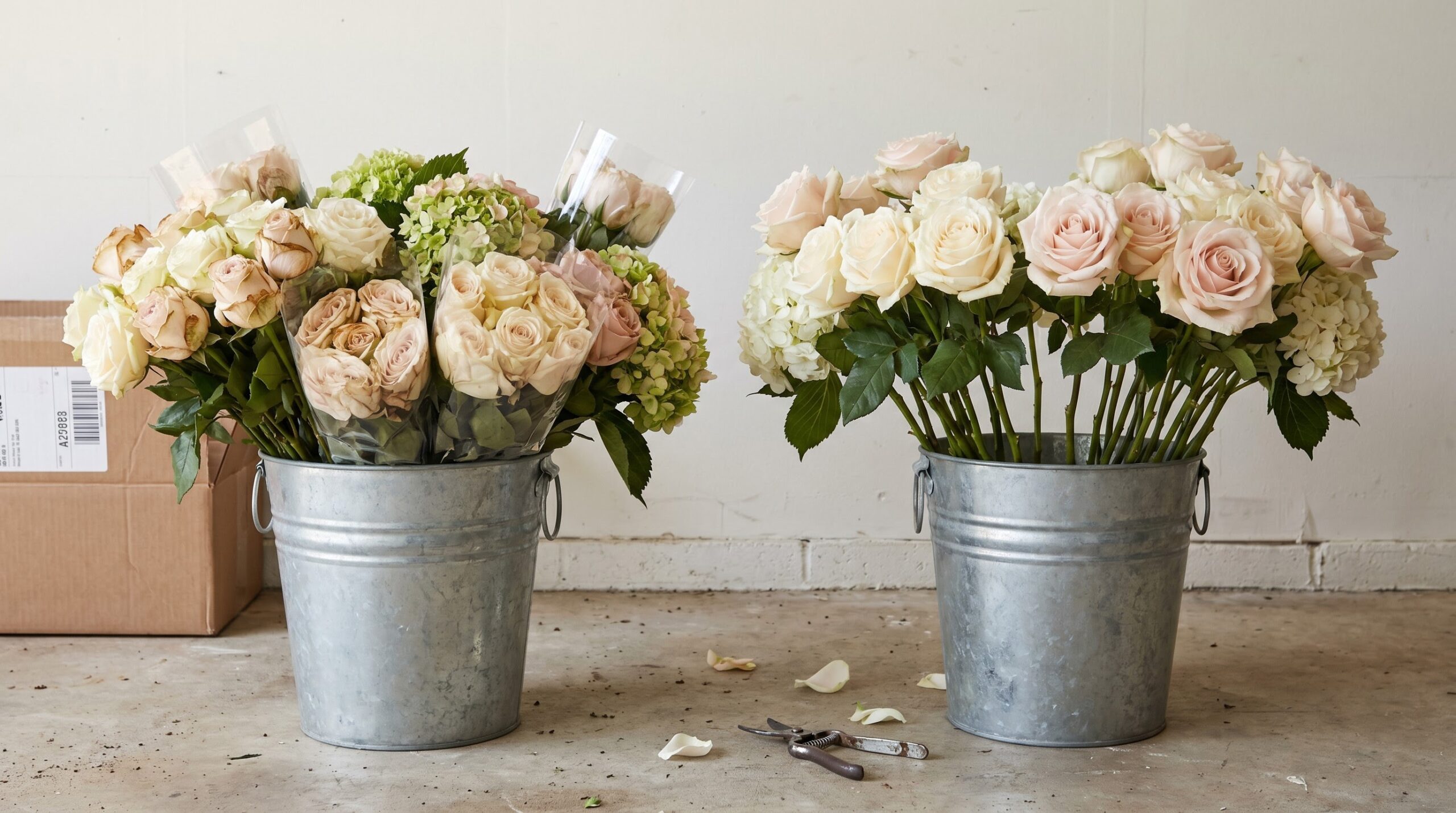 ** Two buckets comparing warehouse club stems with premium grade wedding roses