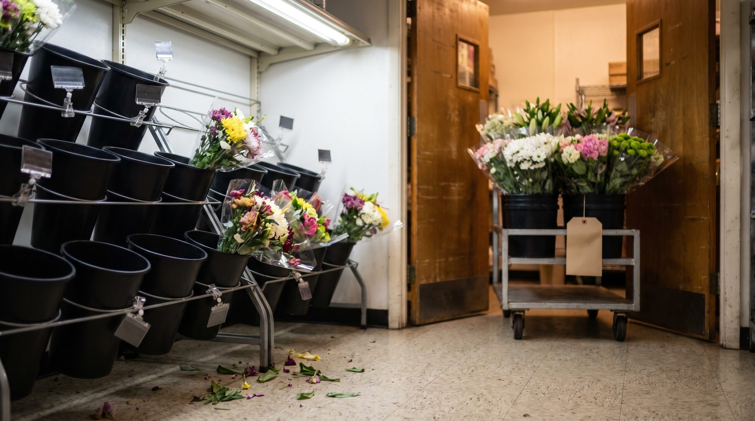 ** Picked-over grocery flower shelf with full pre-ordered buckets waiting behind
