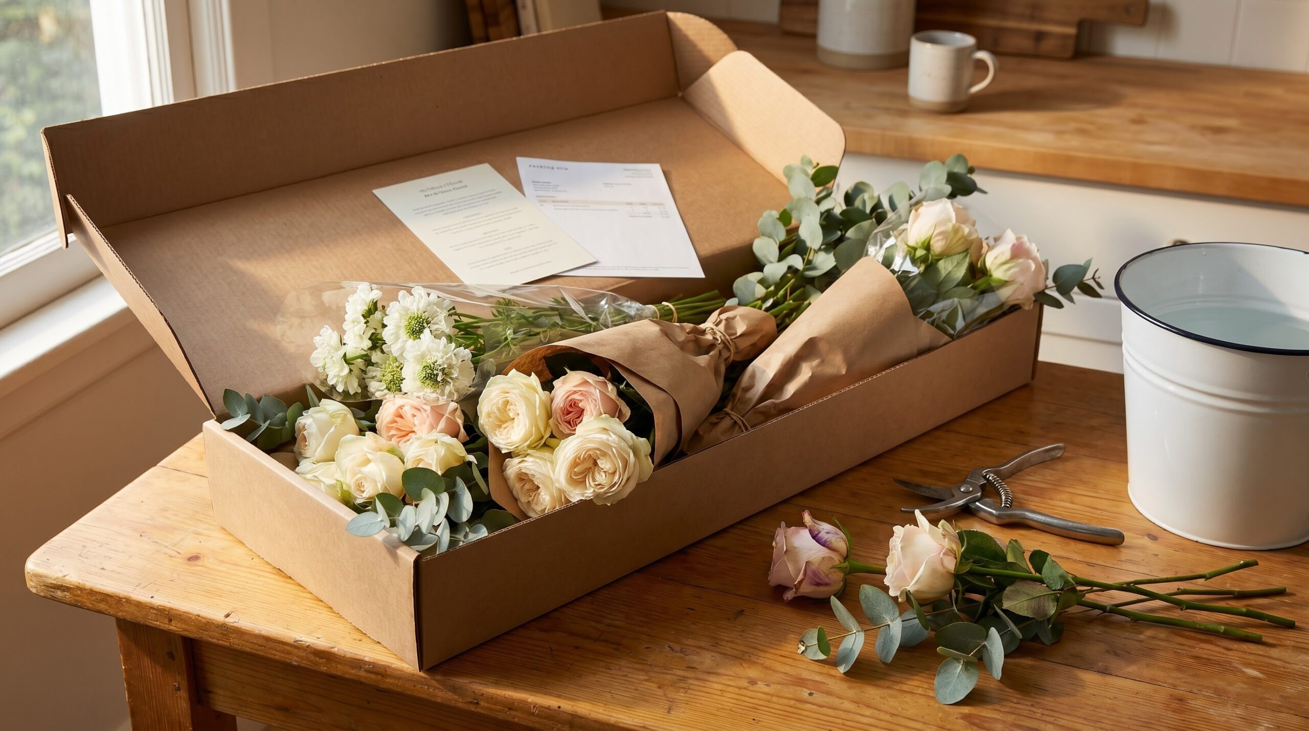 Opened DIY wedding flower kit box with wrapped rose stems and instruction card