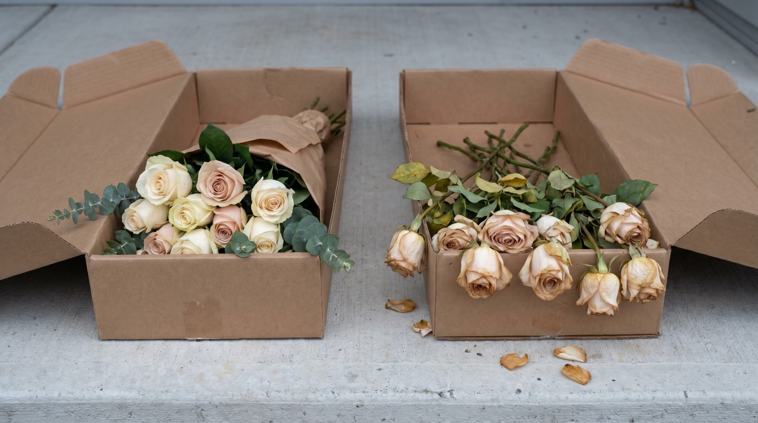 Two delivered flower boxes compared, fresh upright stems beside wilted browning ones
