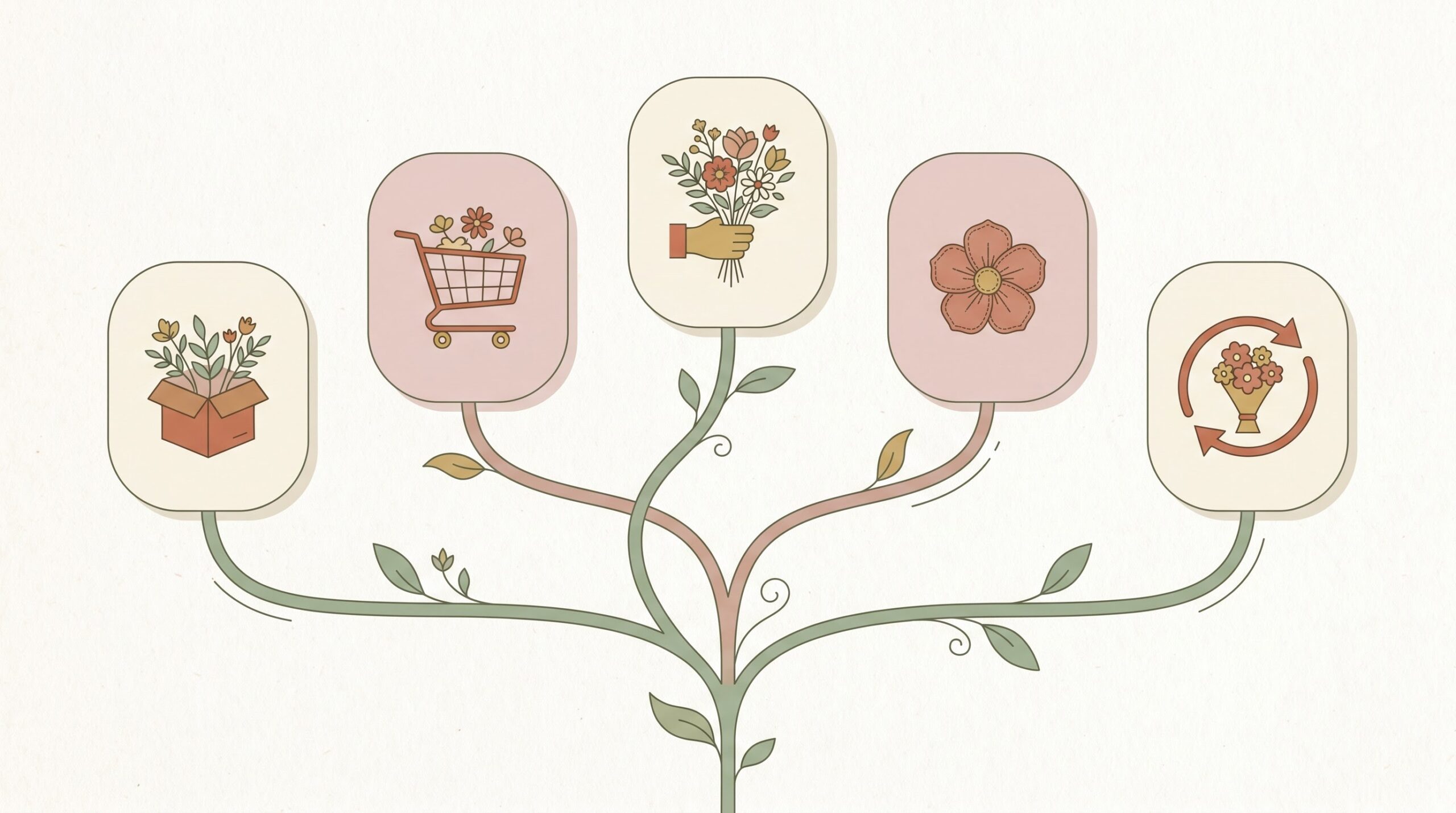 Illustrated branching map of five wedding flower routes from kits to rental