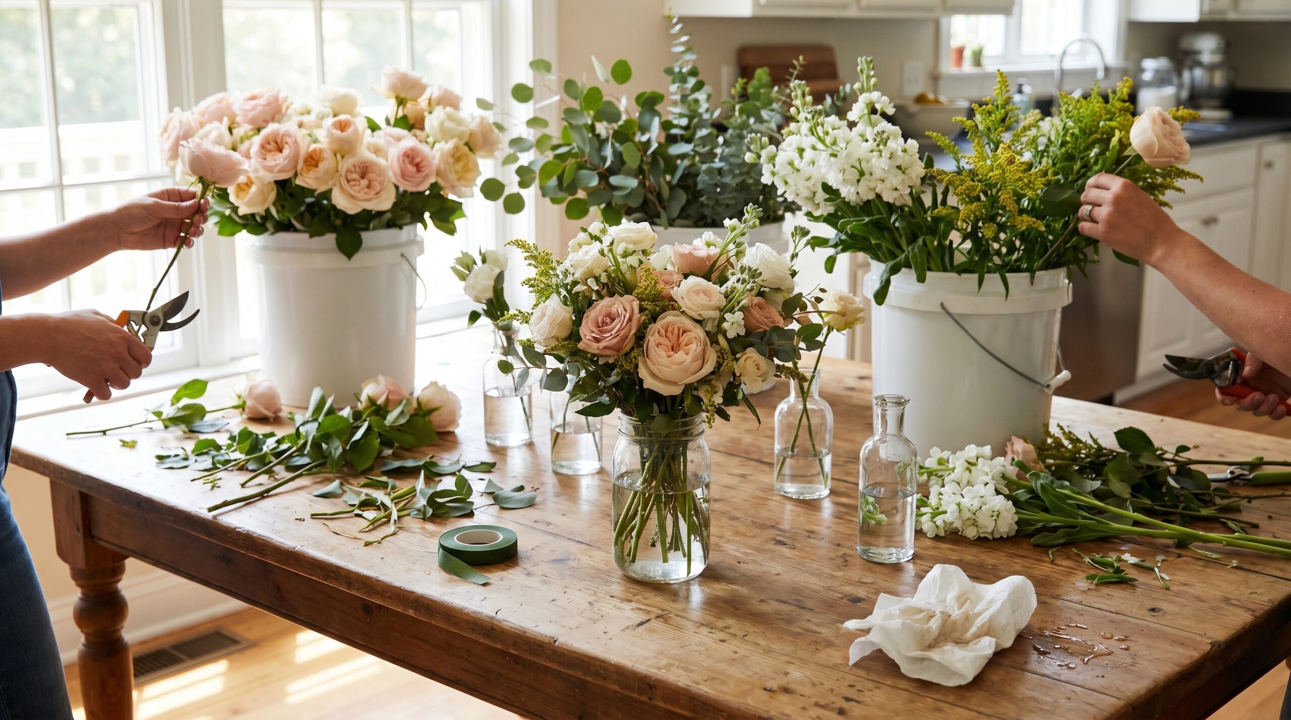 ** Helpers trimming wholesale stems and assembling wedding bouquets on a kitchen table