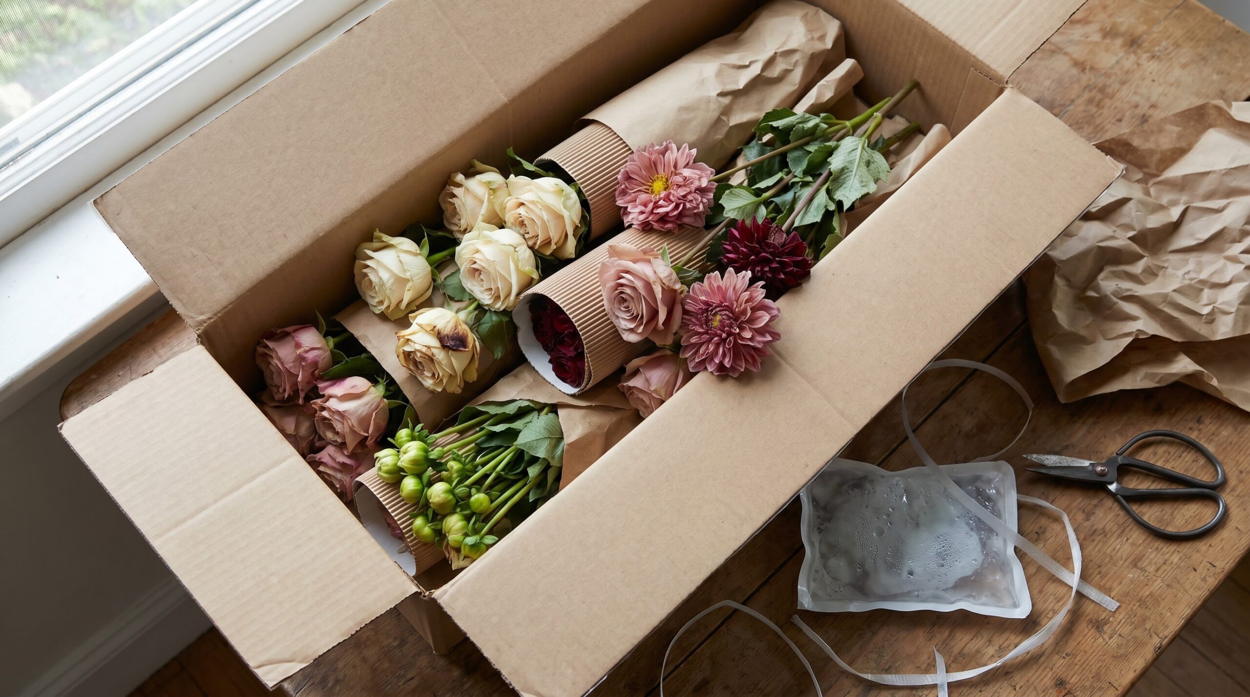 ** Opened wholesale flower box showing bruised stems and tight unopened buds