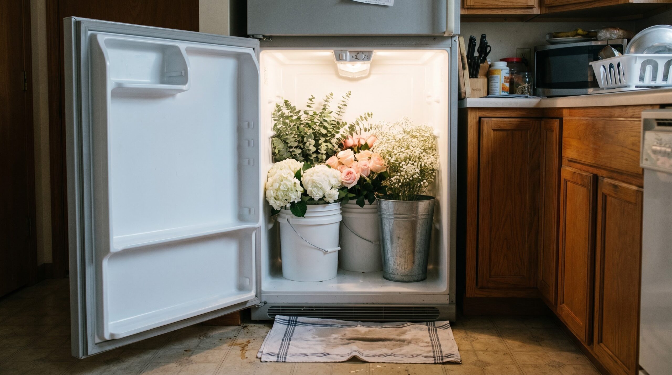 ** Home fridge with shelves removed holding buckets of wedding flowers in water