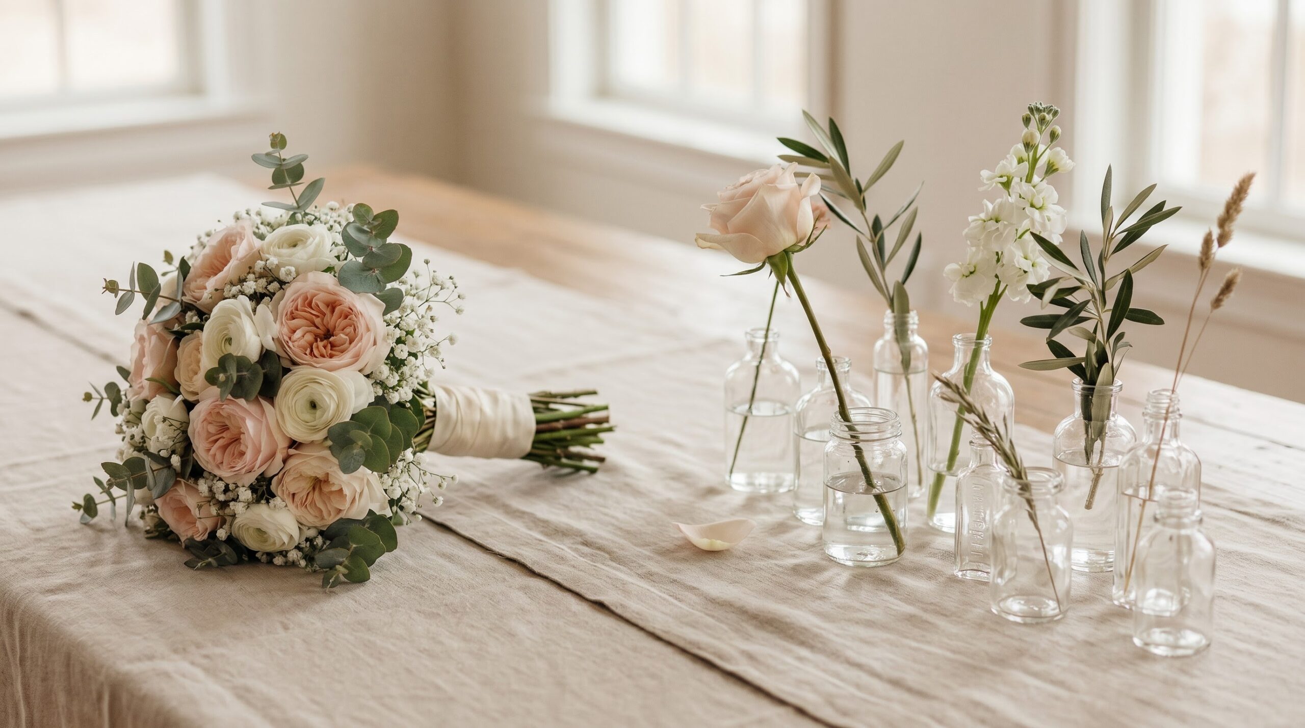 ** Florist-made bridal bouquet beside simple homemade bud vase centerpieces on linen