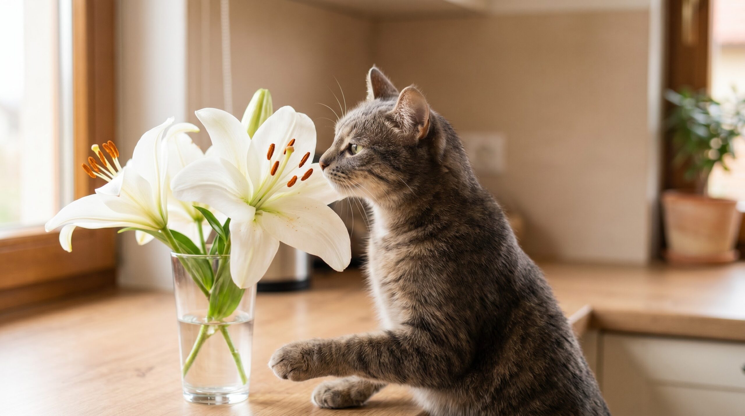 curious cat sniffing a vase of lilies on a kitchen counter