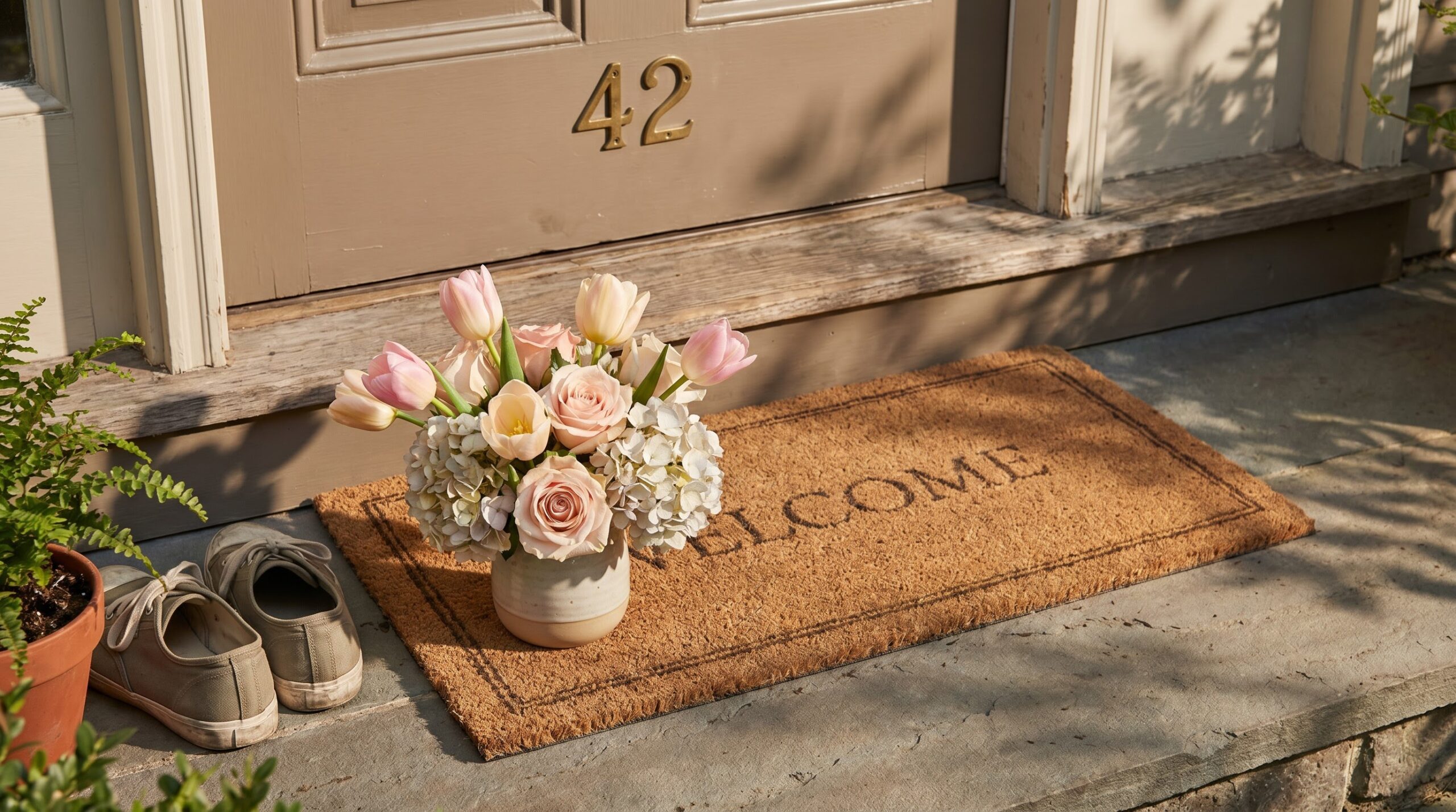 small flower arrangement left on a home doorstep after delivery