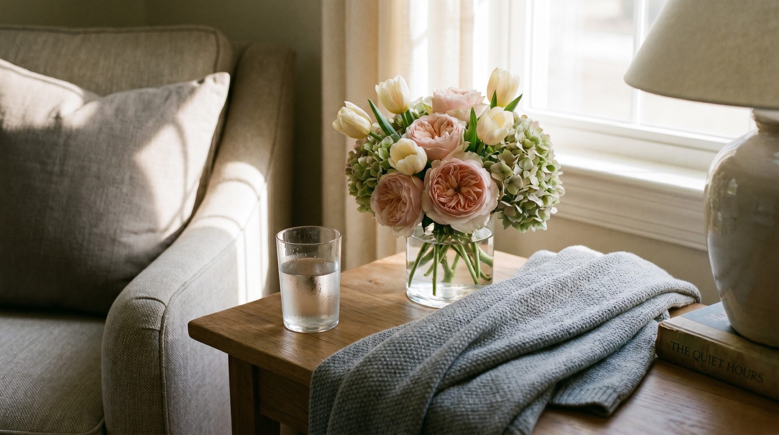 small tulip and rose bouquet beside a blanket during home recovery