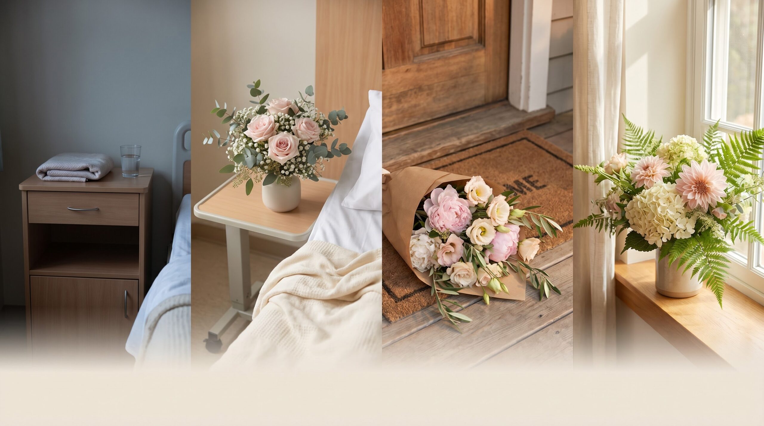 four home and hospital scenes showing flower timing across a recovery