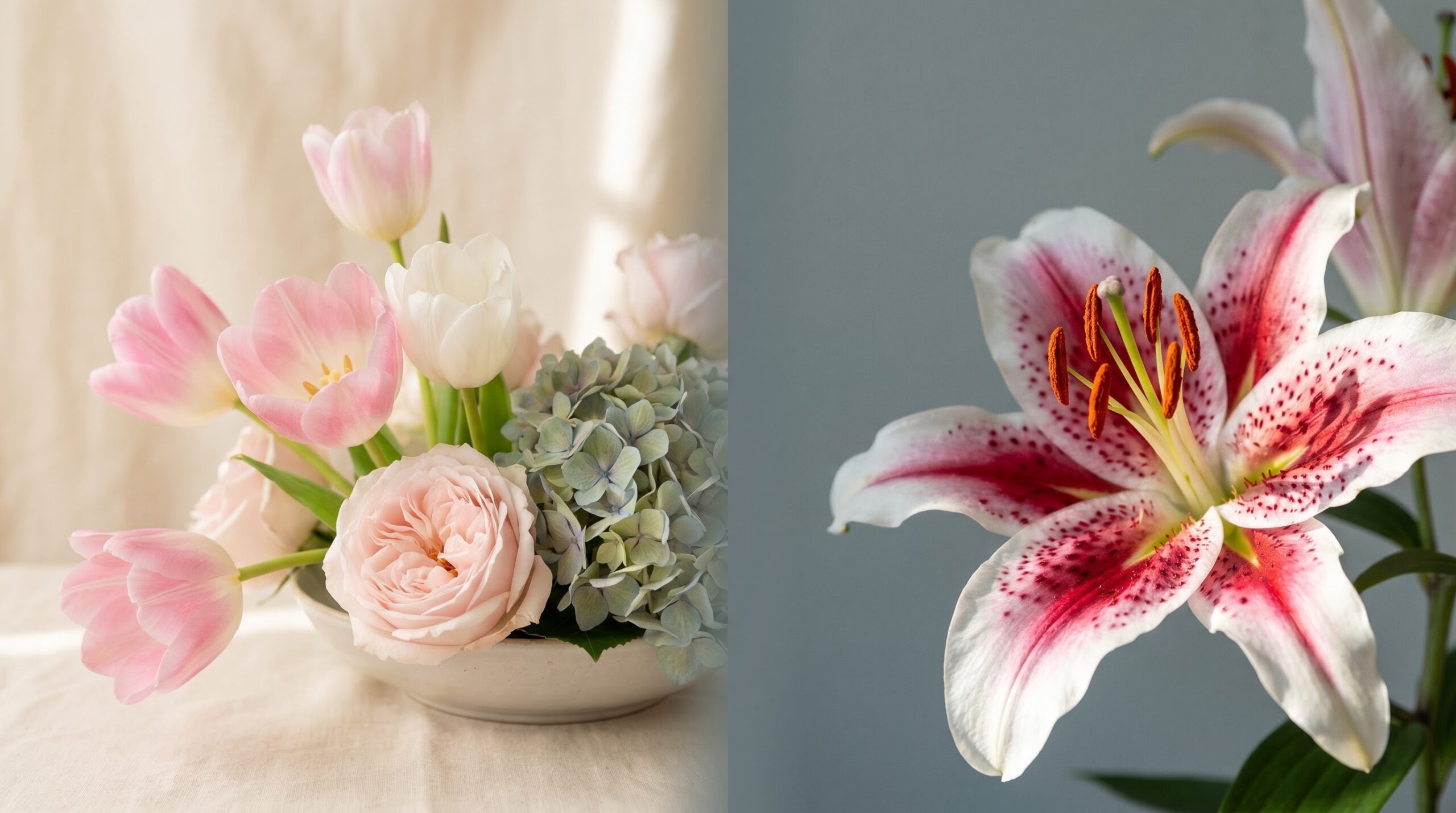 tulips and roses beside a strongly scented stargazer lily bloom