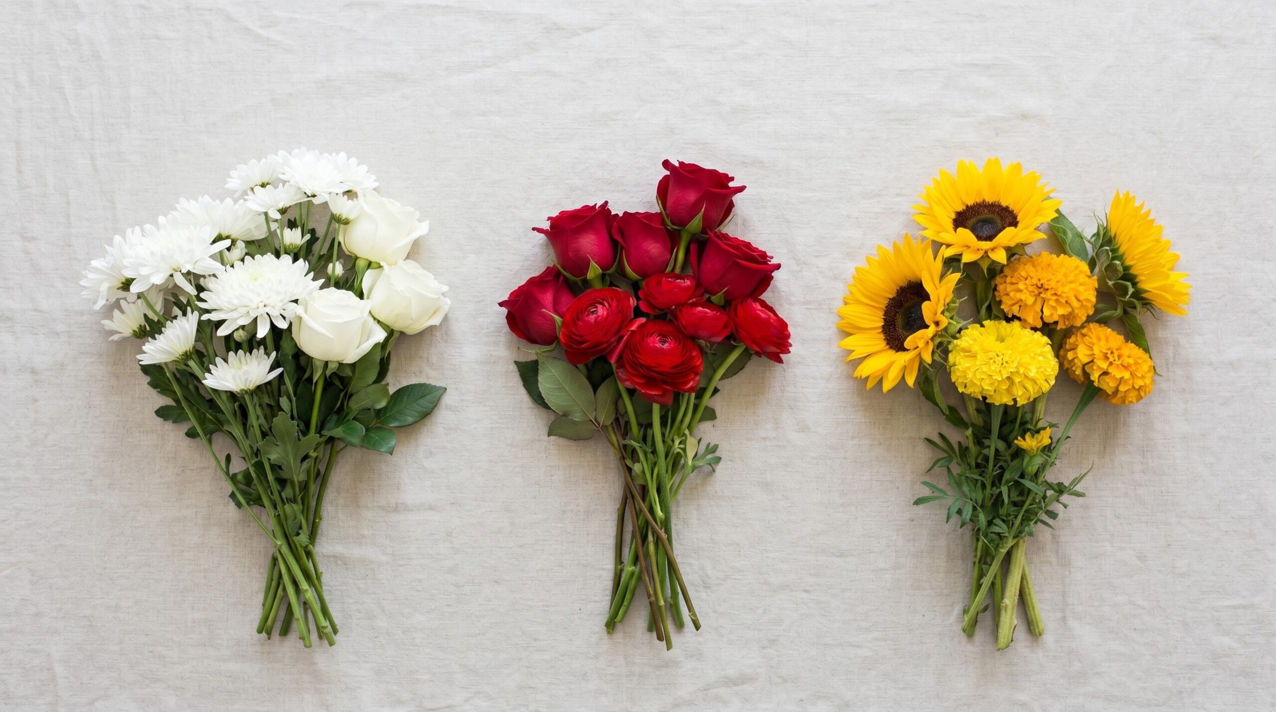 white, red, and yellow flower clusters compared side by side
