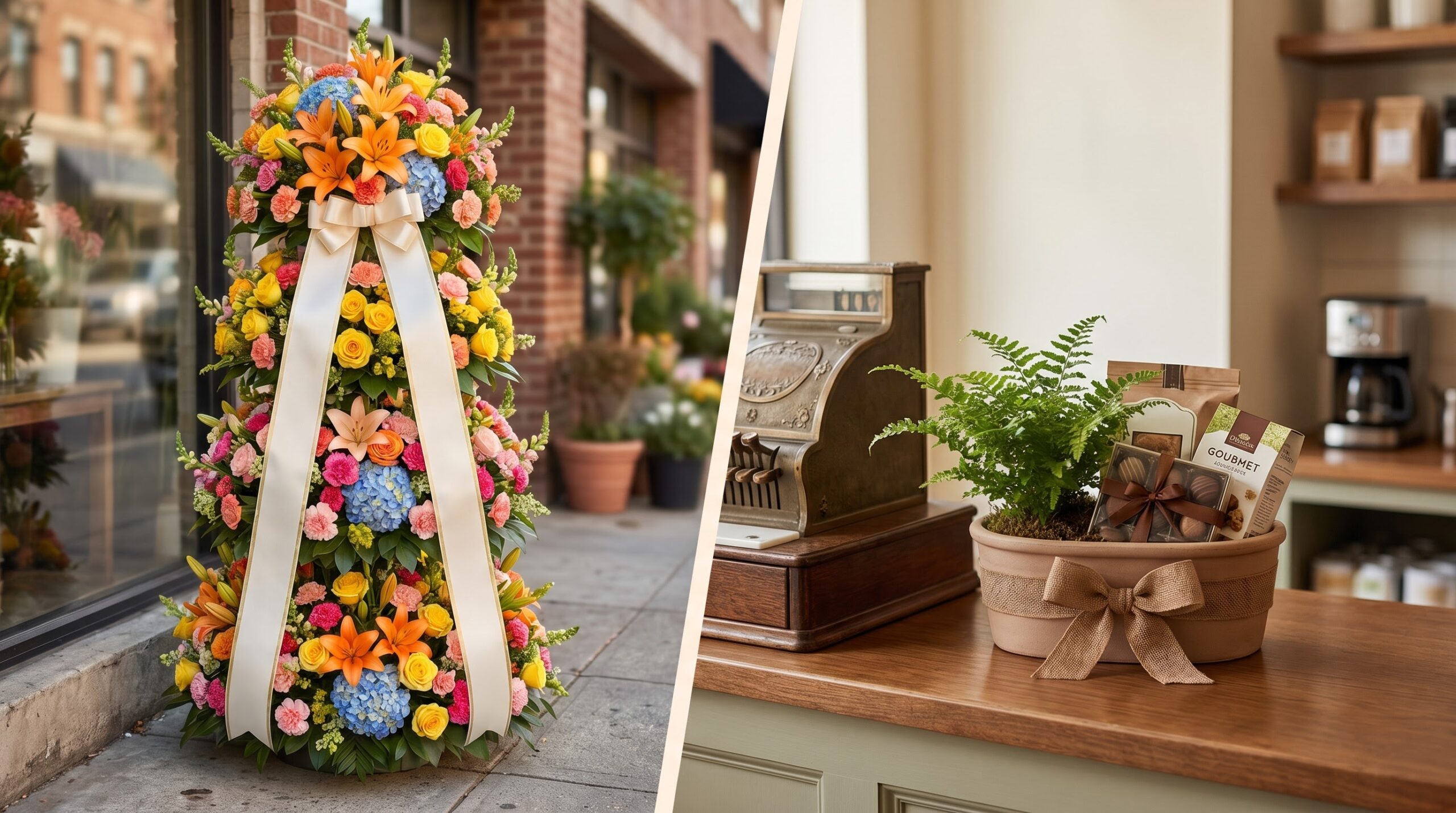 tall Korean flower stand beside a modest US congratulations gift basket