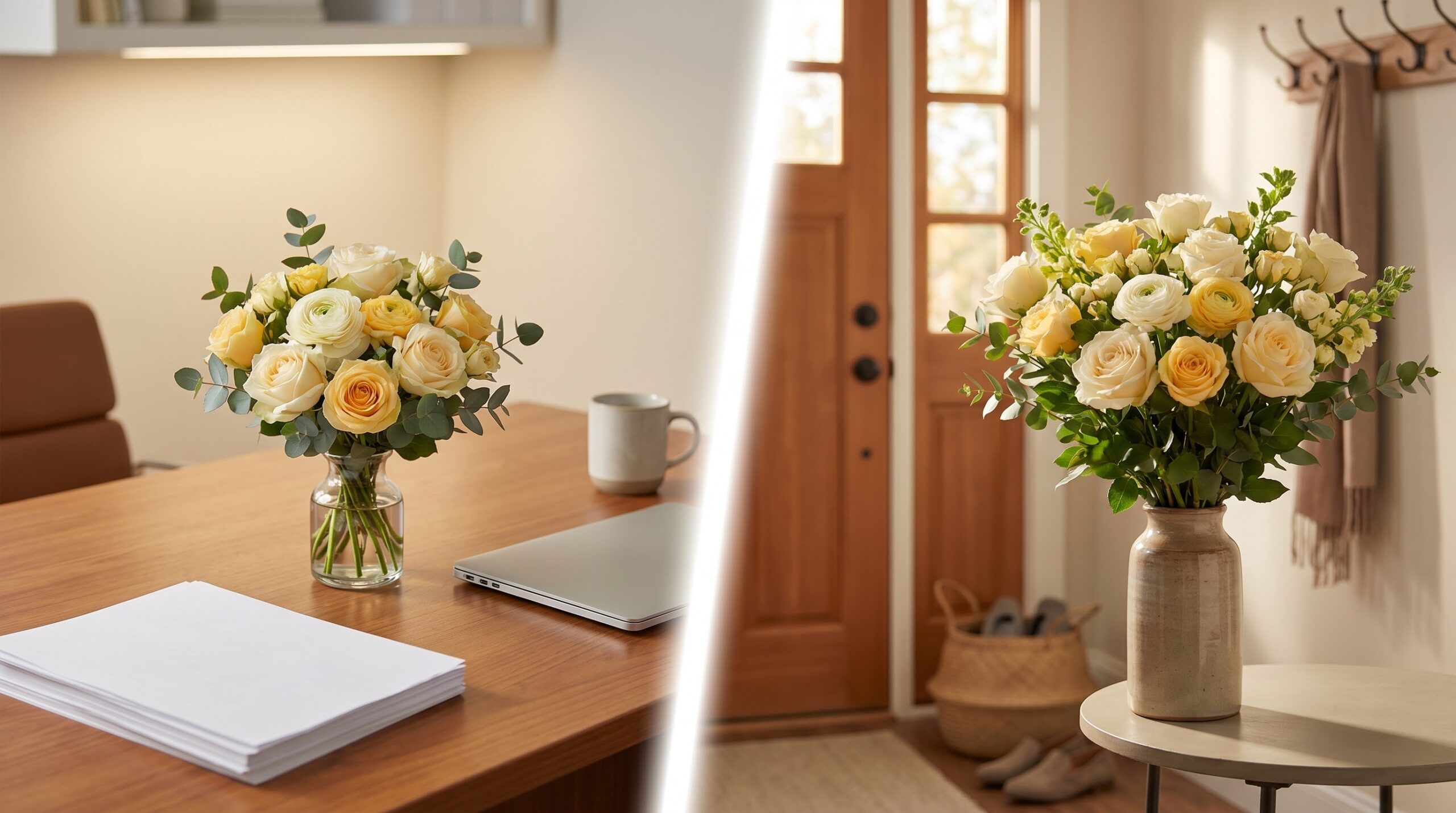 small desk bouquet beside a larger bouquet on an entryway table