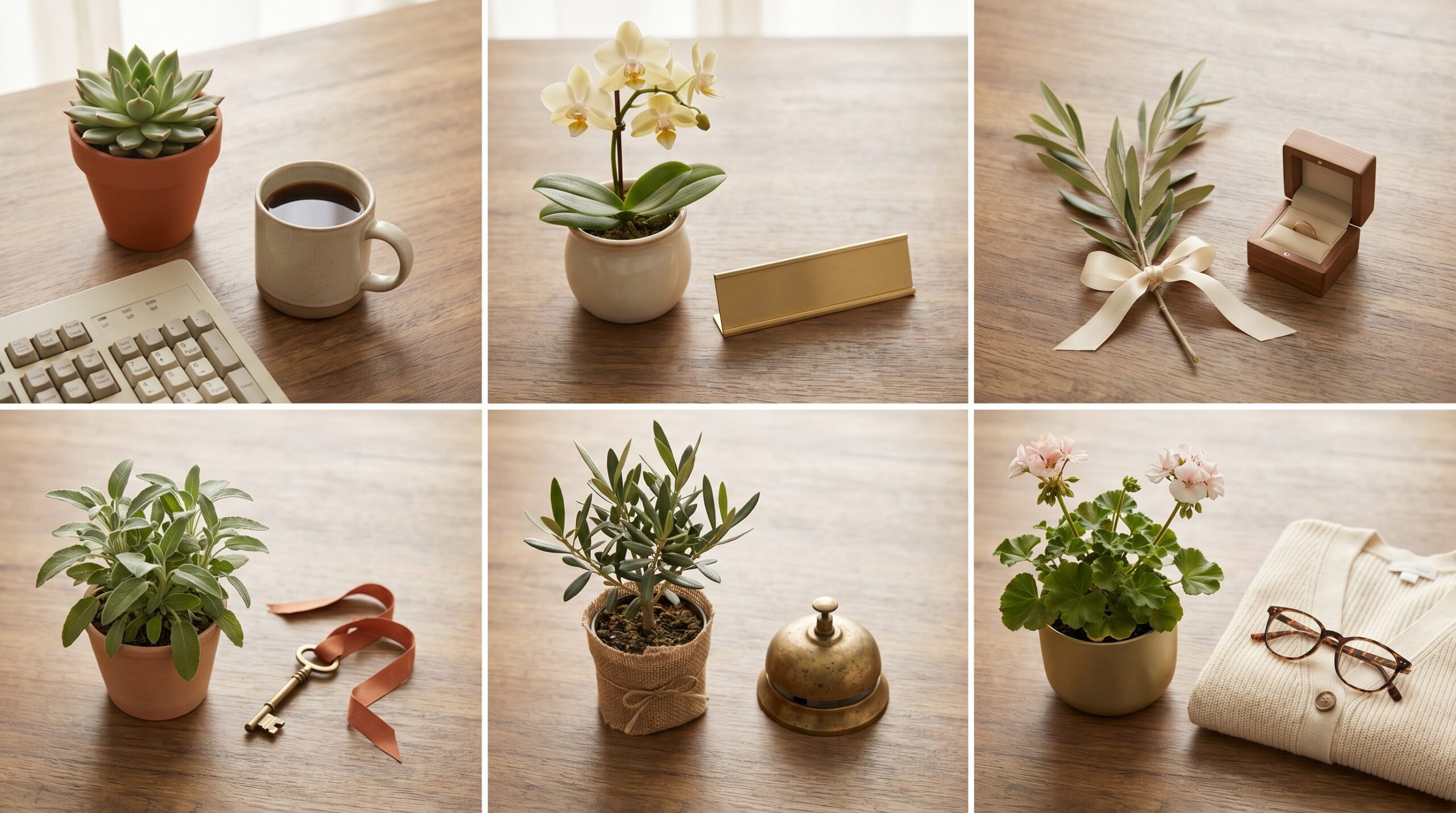 six small object pairings representing new job through retirement occasions