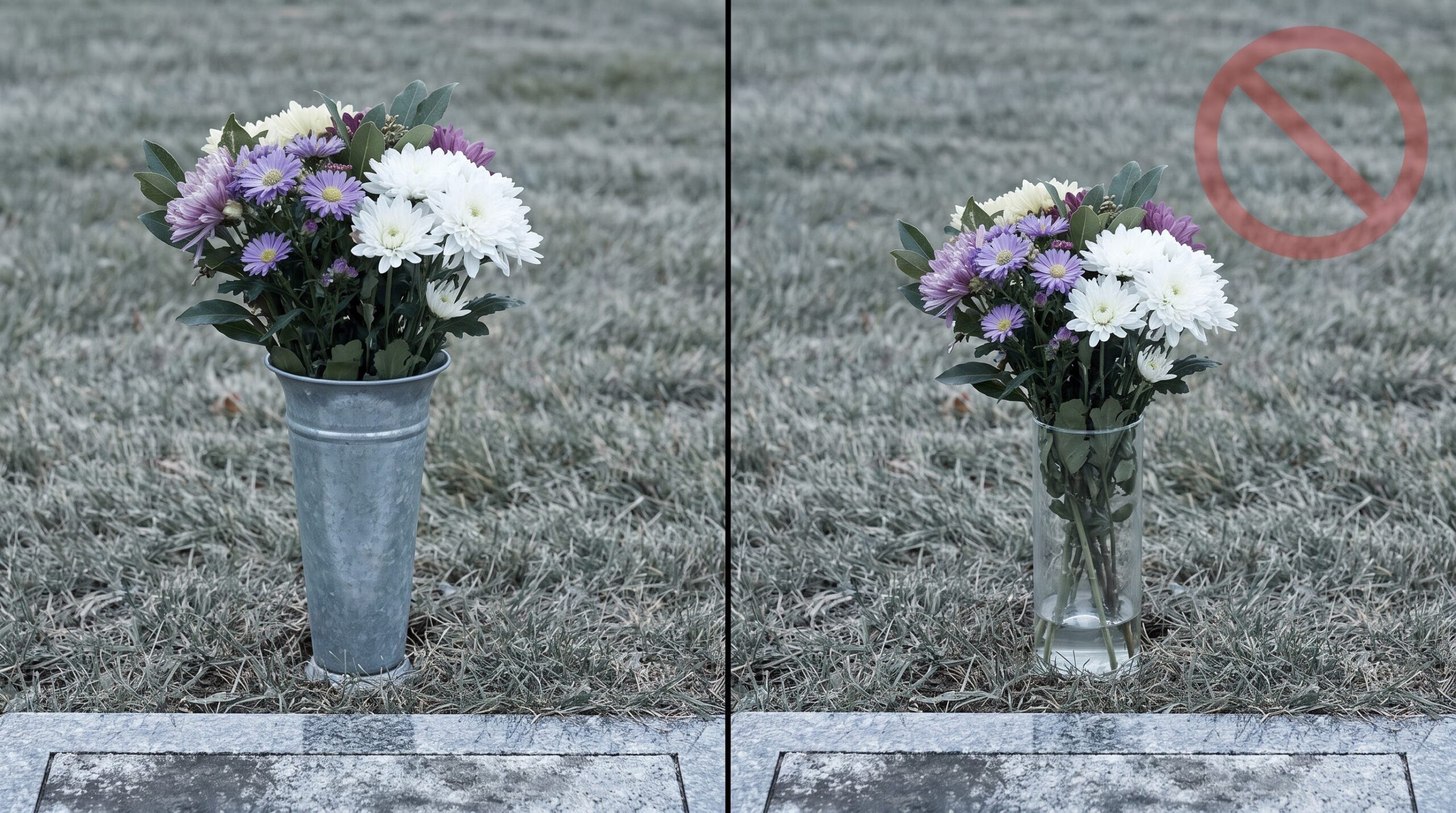cemetery-approved flower cone shown beside a prohibited glass vase