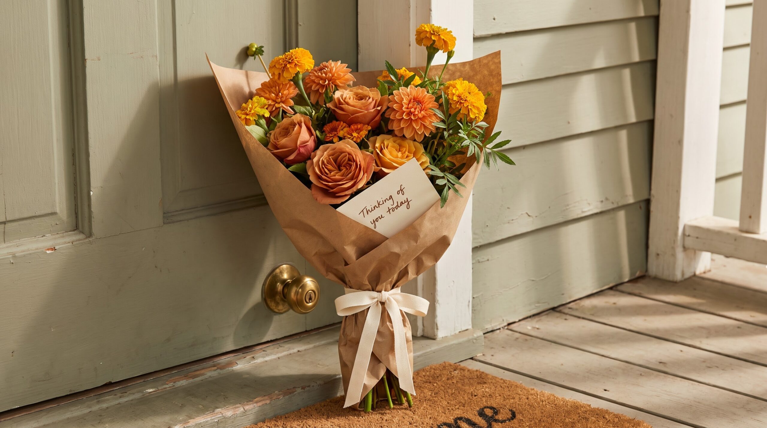 seasonal bouquet with a handwritten thinking of you card at a doorstep
