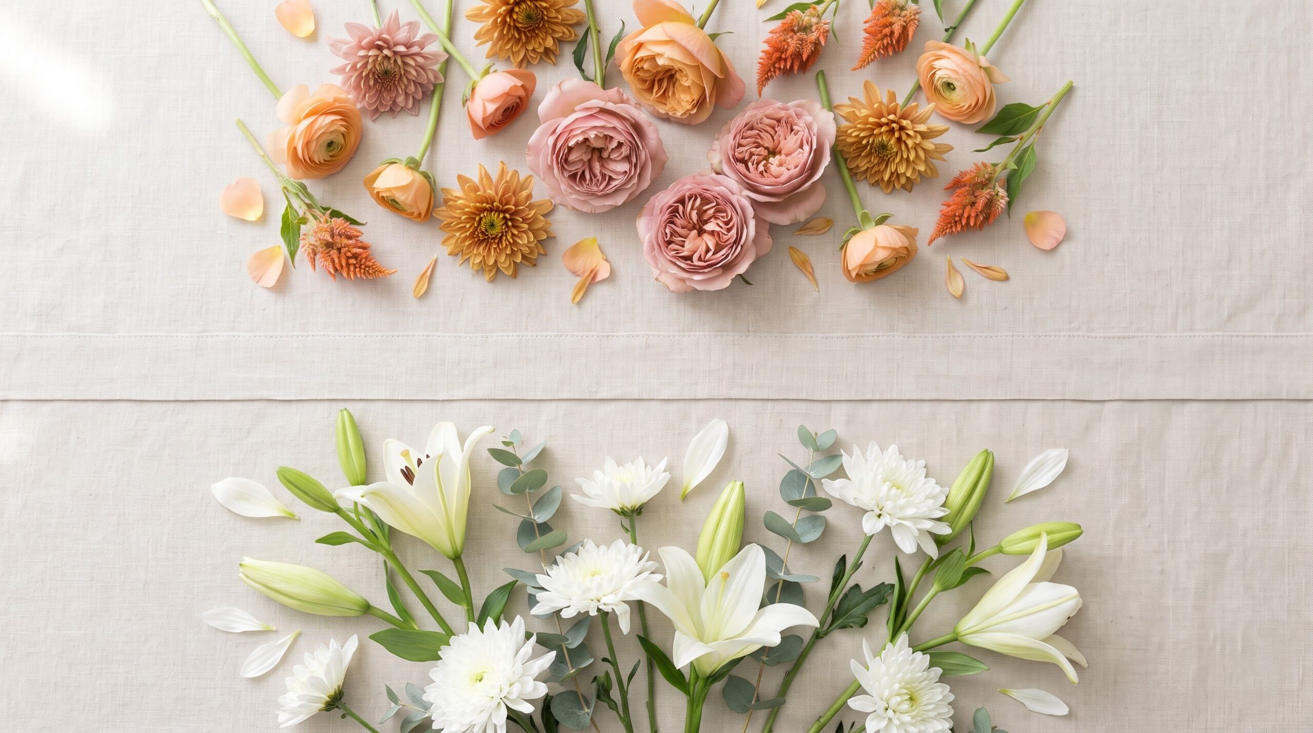 warm remembrance flower tones shown above a stark white funeral palette