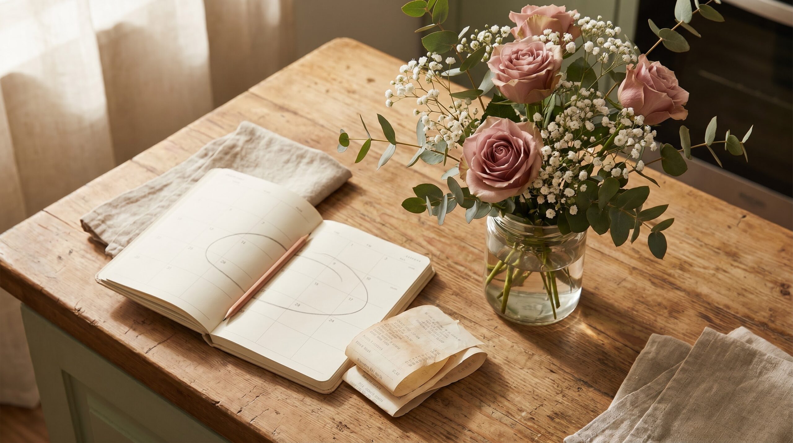 bouquet beside a calendar and small stack of receipts suggesting a repeat habit