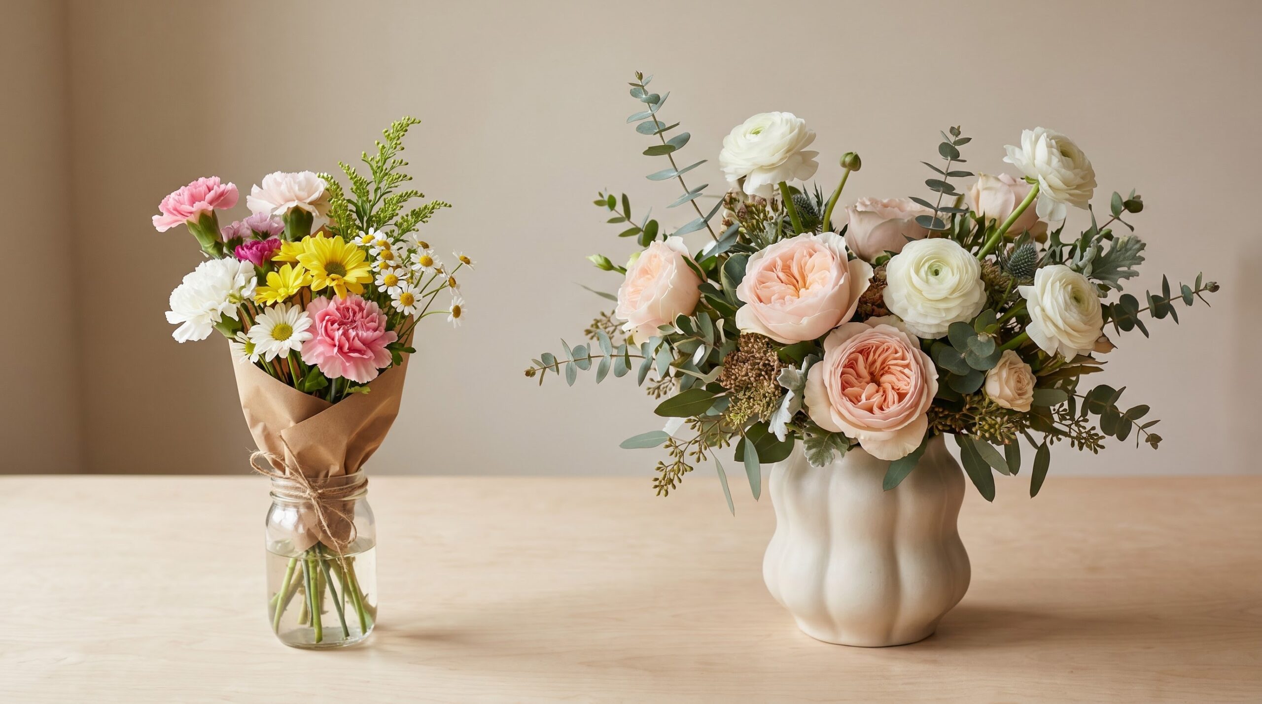 small grocery bouquet beside a fuller florist arrangement showing the price contrast