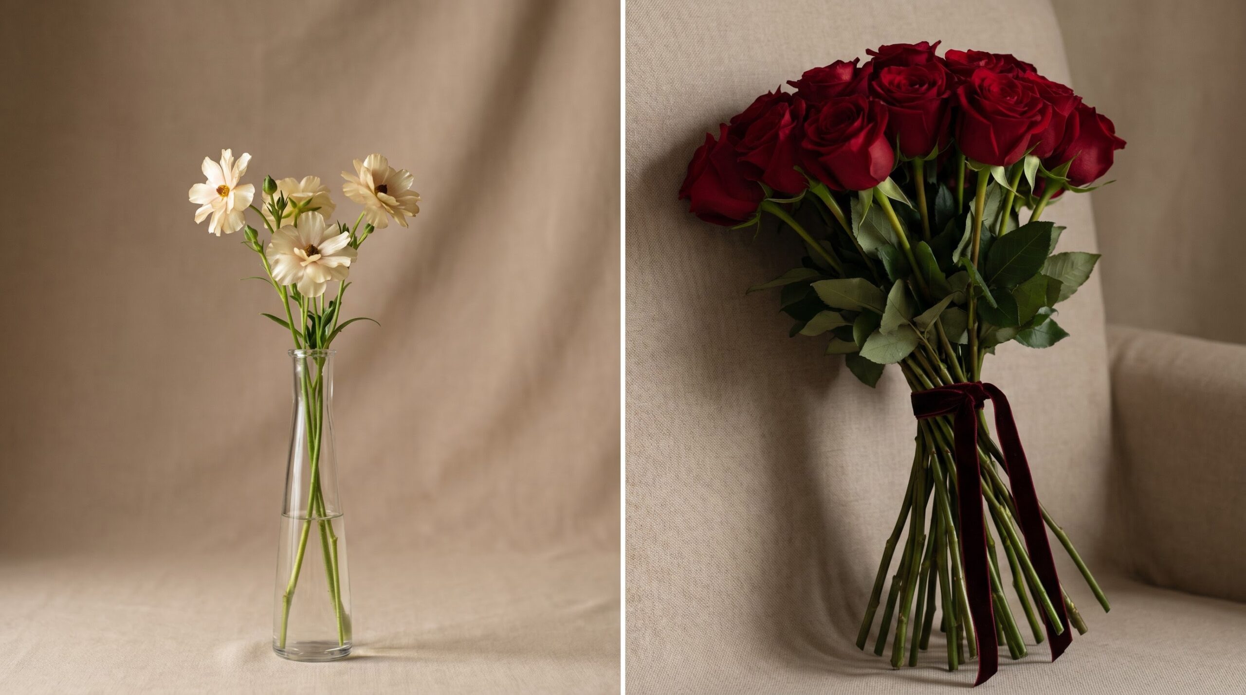 a single flower stem beside a large dozen red rose bouquet showing scale
