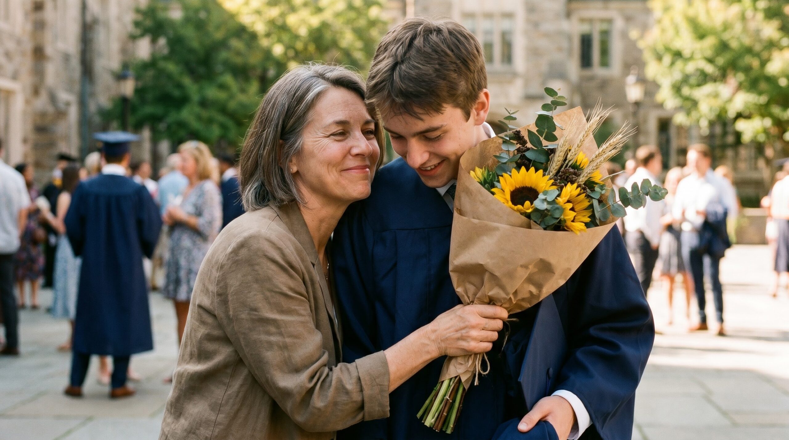 mother handing her graduate son a structural bouquet after commencement