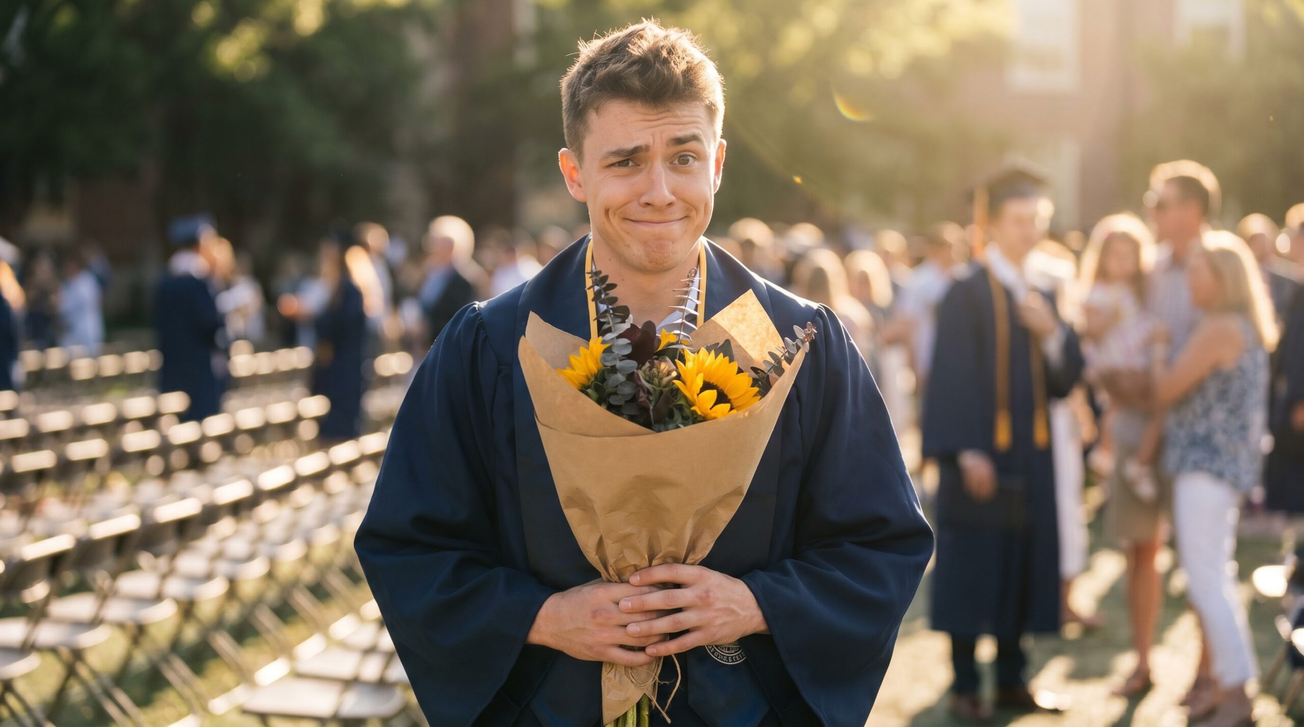 young graduate reacting with genuine surprise to a surprise bouquet gift