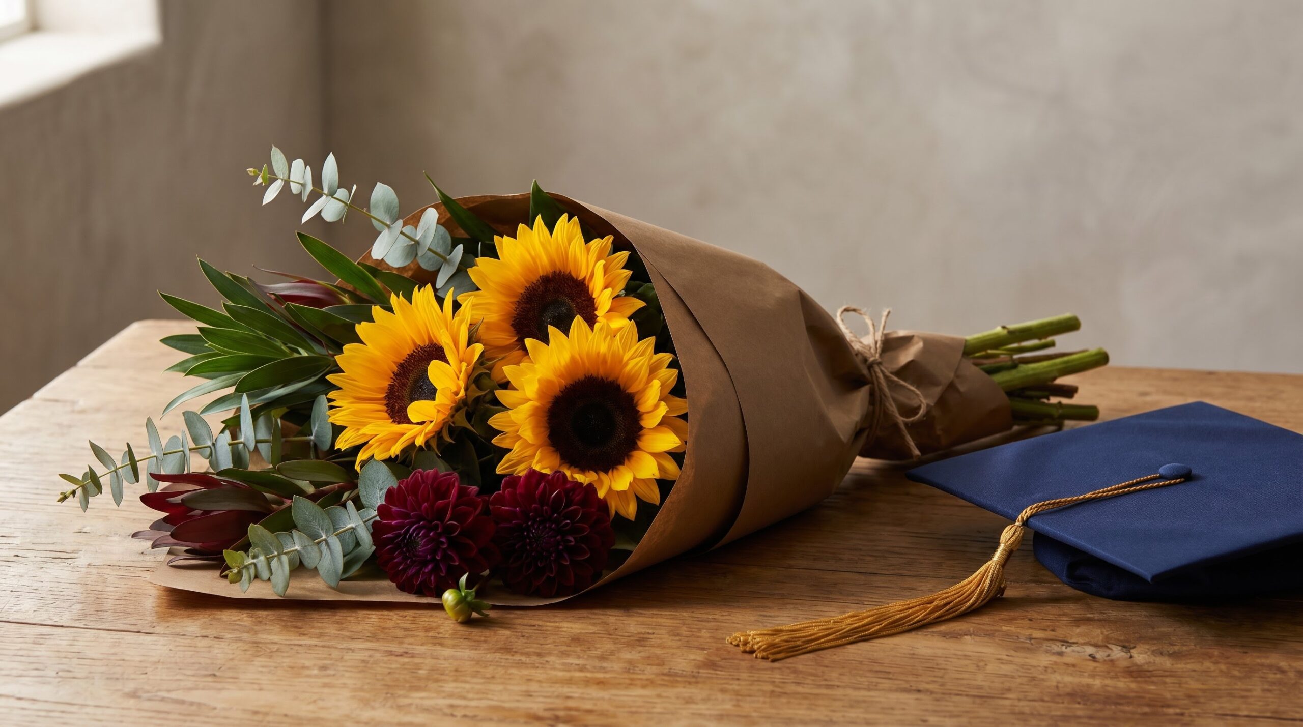 structural sunflower and dahlia bouquet in kraft paper beside a graduation cap