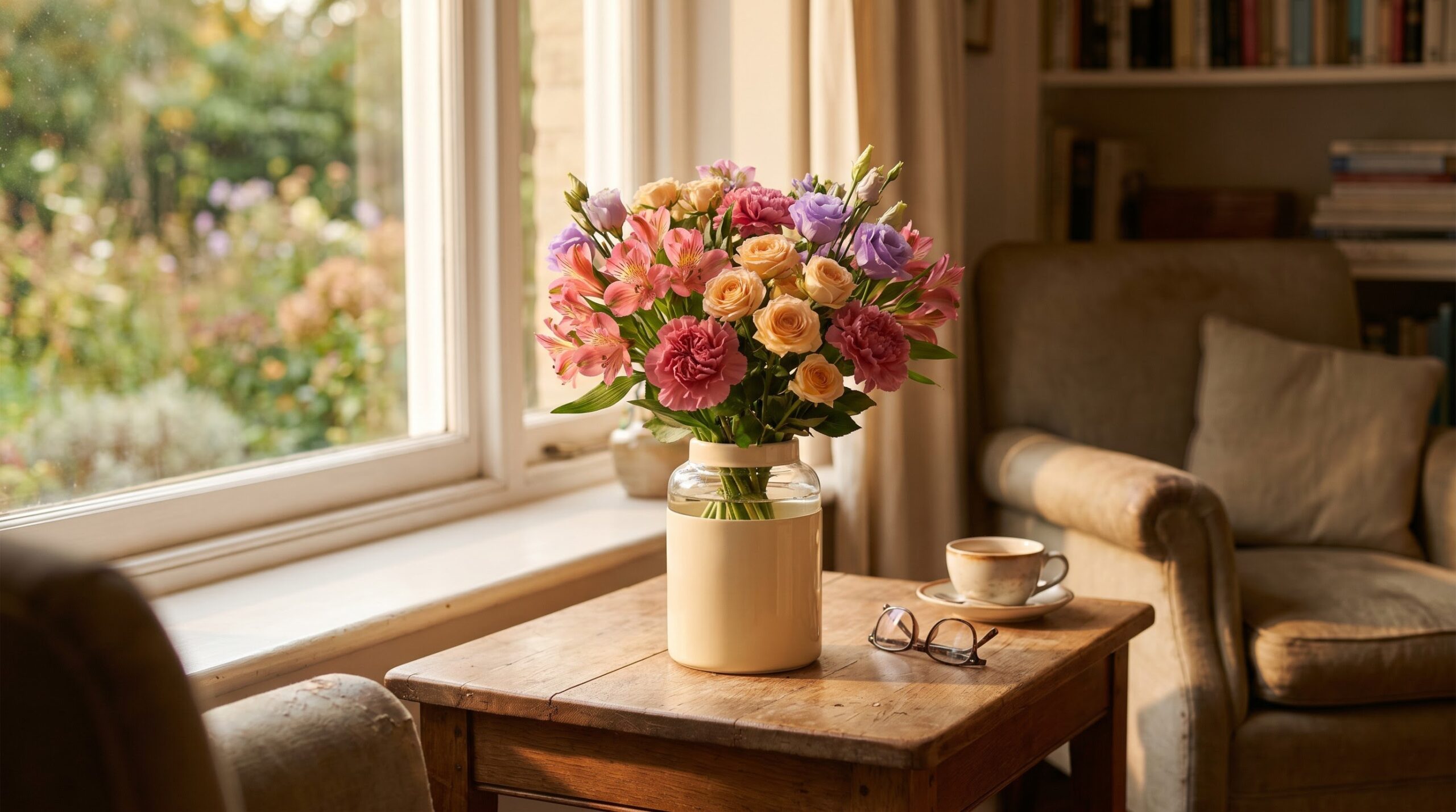 Cheerful long-lasting alstroemeria arrangement on a sunny windowsill for an 80th birthday