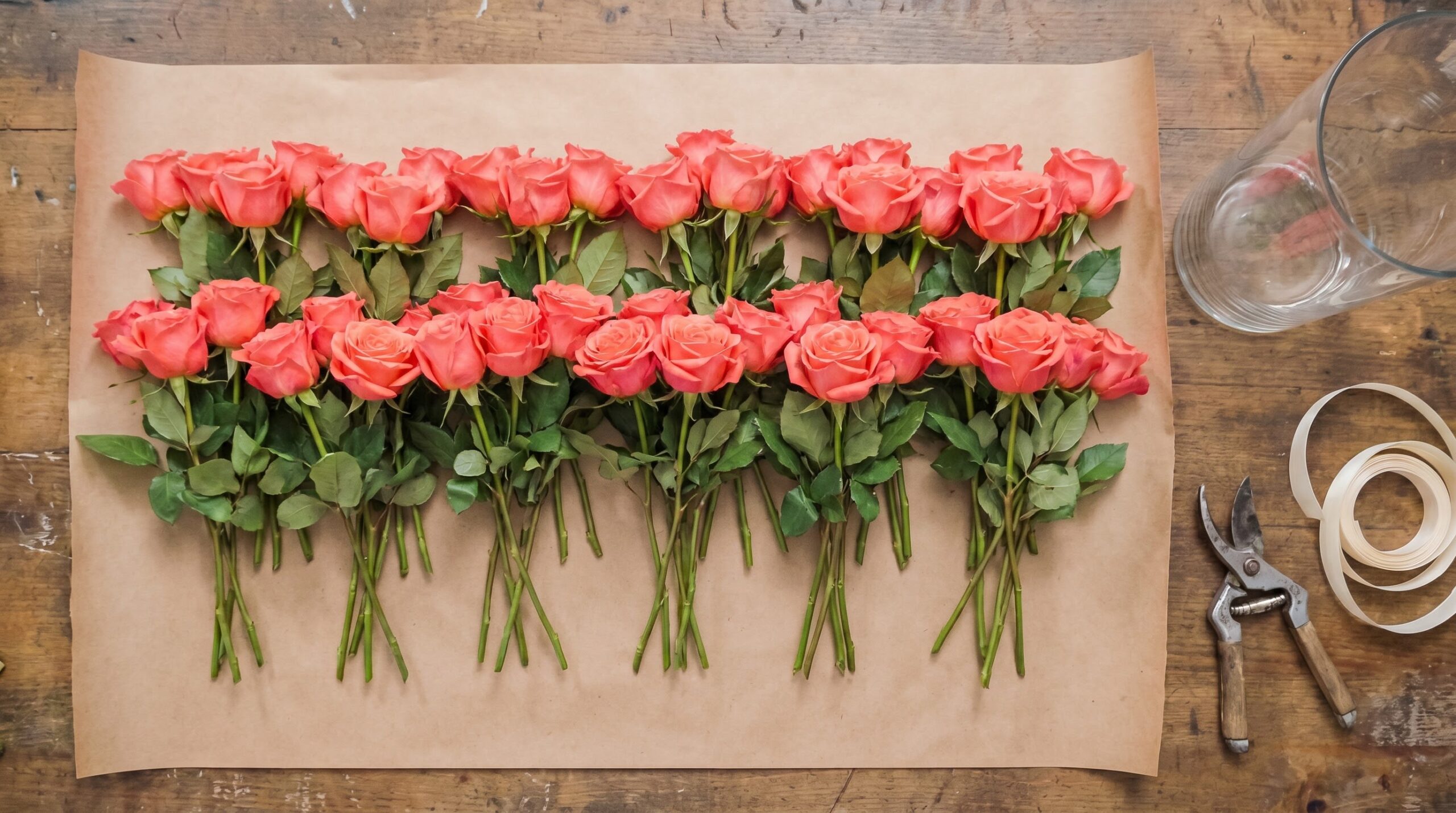 Fifty coral roses laid out in five groups of ten beside a vase