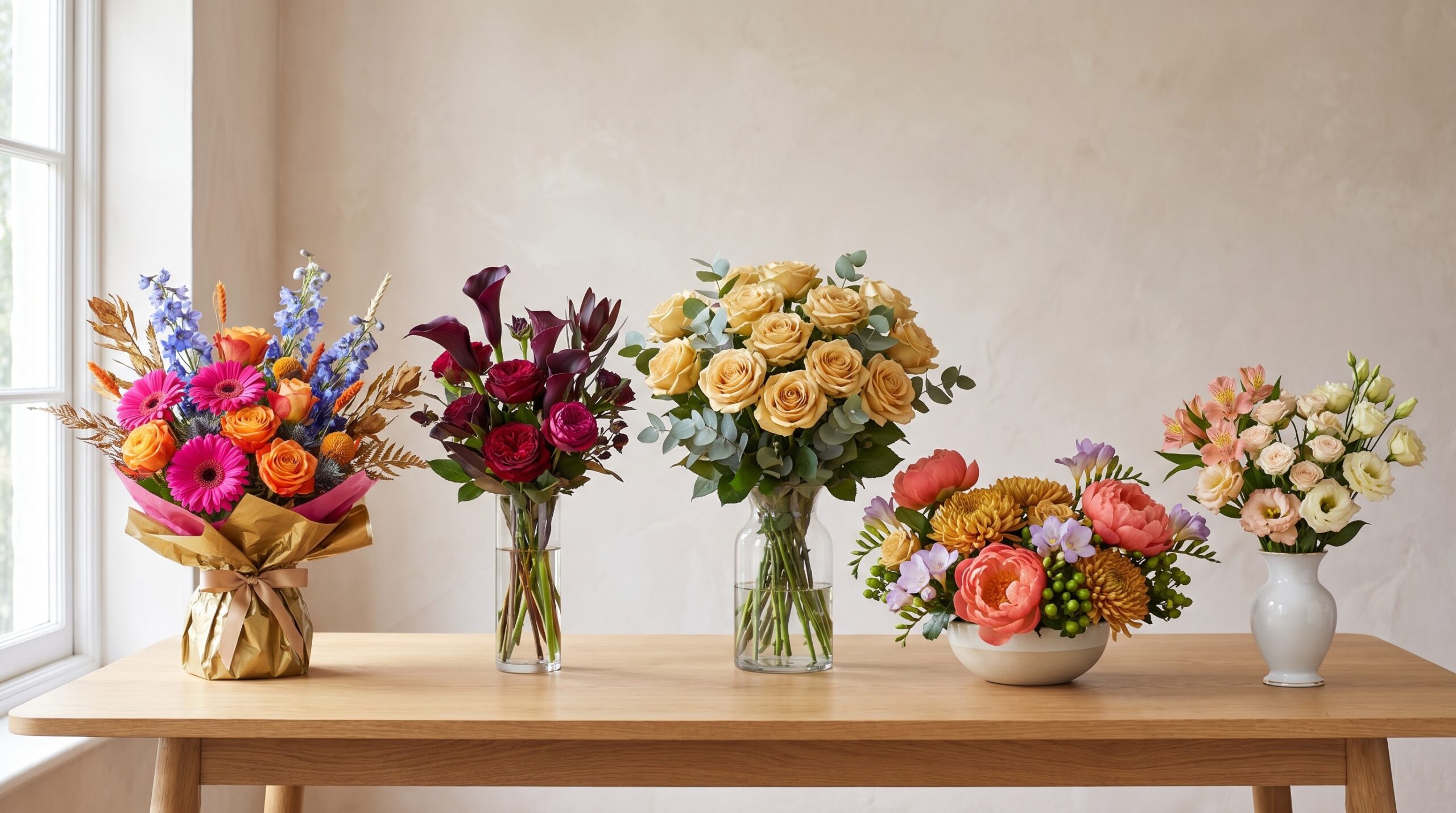 Five milestone birthday bouquets styled by decade lined up on one table