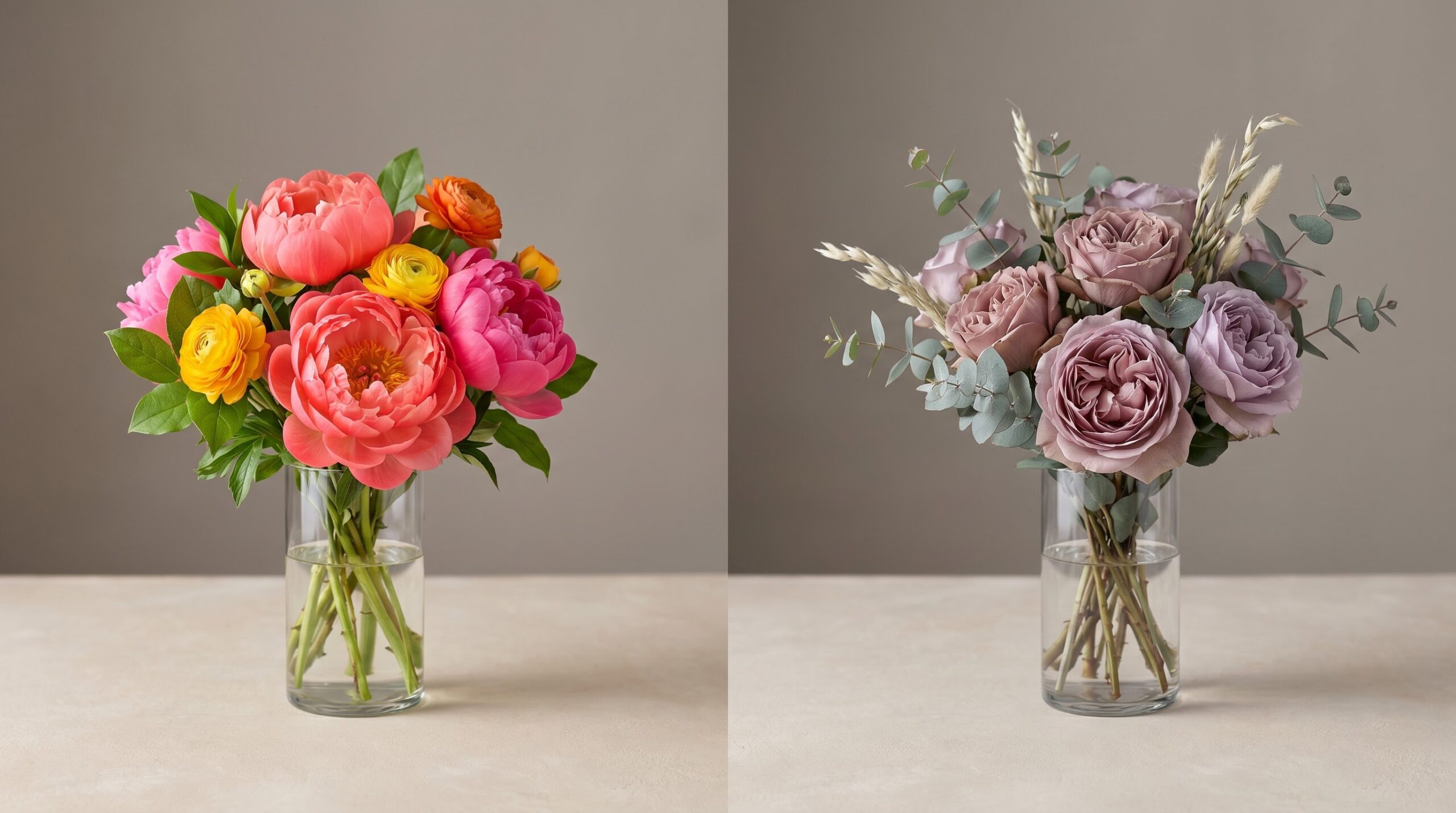 Identical peonies styled in bright coral and muted lavender palettes side by side